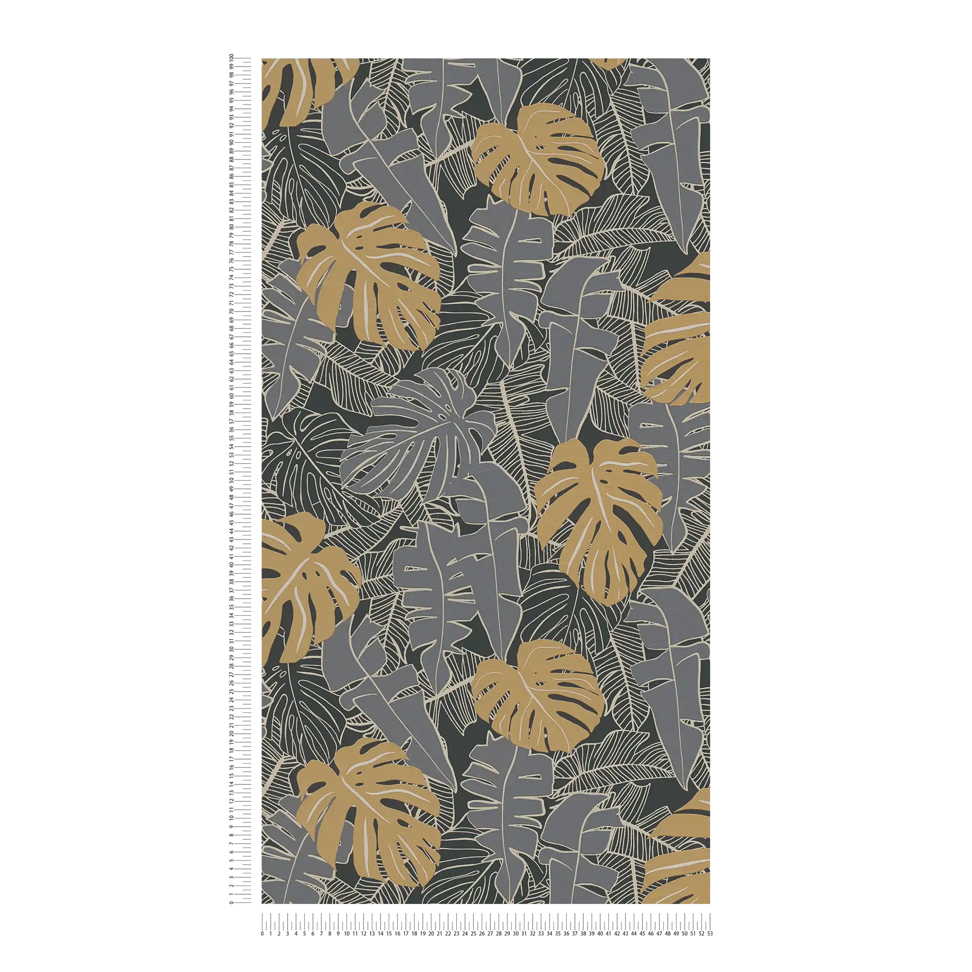             Dschungeltapete mit Bananenblättern & Metallic-Optik – Schwarz, Gold, Grau
        