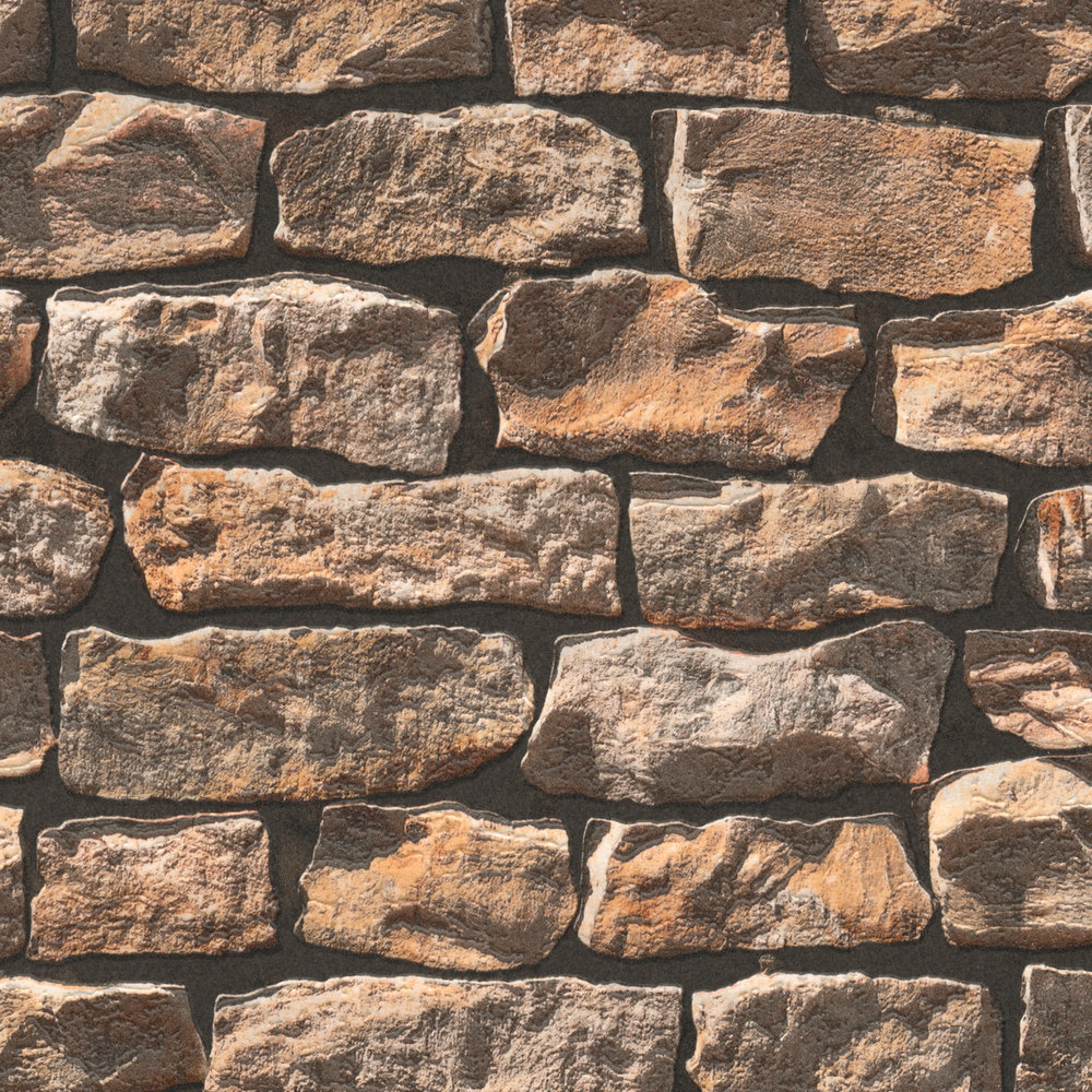            Steinoptik Tapete mit 3D Mauer Naturstein – Braun
        