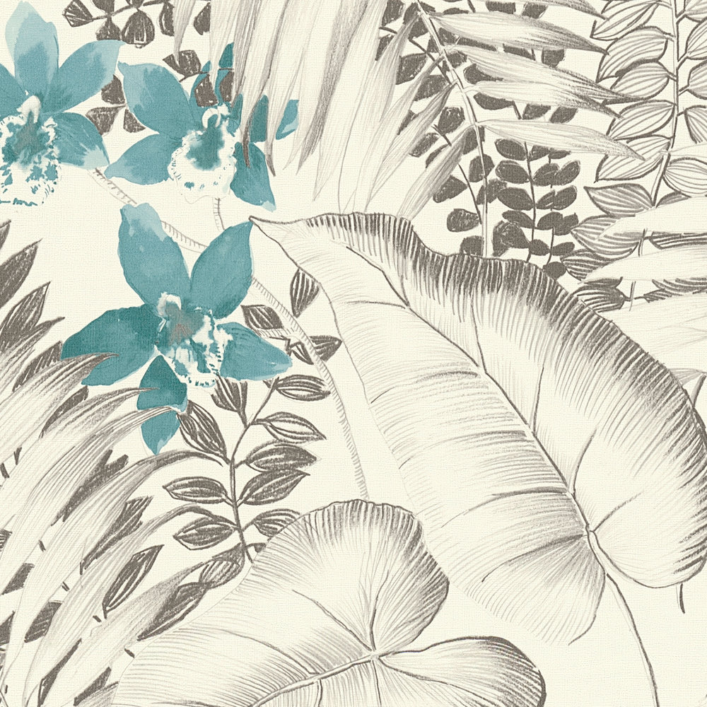             Mustertapete Blüten & exotische Vögel – Blau, Grau, Schwarz
        
