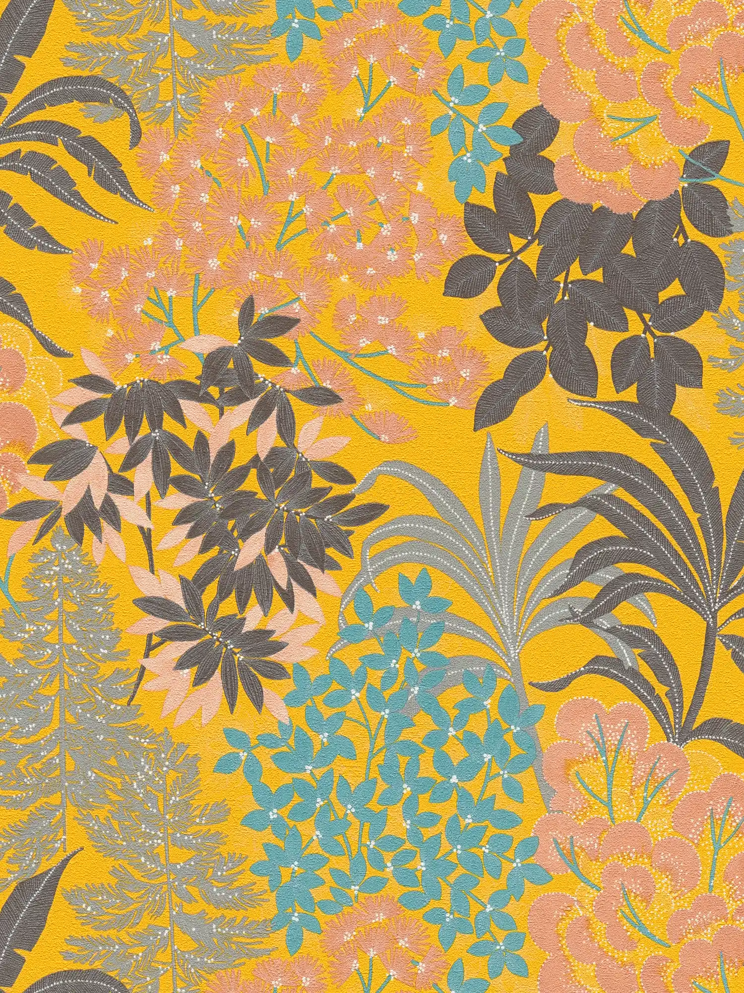 Auffällige Blumentapete in kräftigen Farben – Gelb, Schwarz, Rosa
