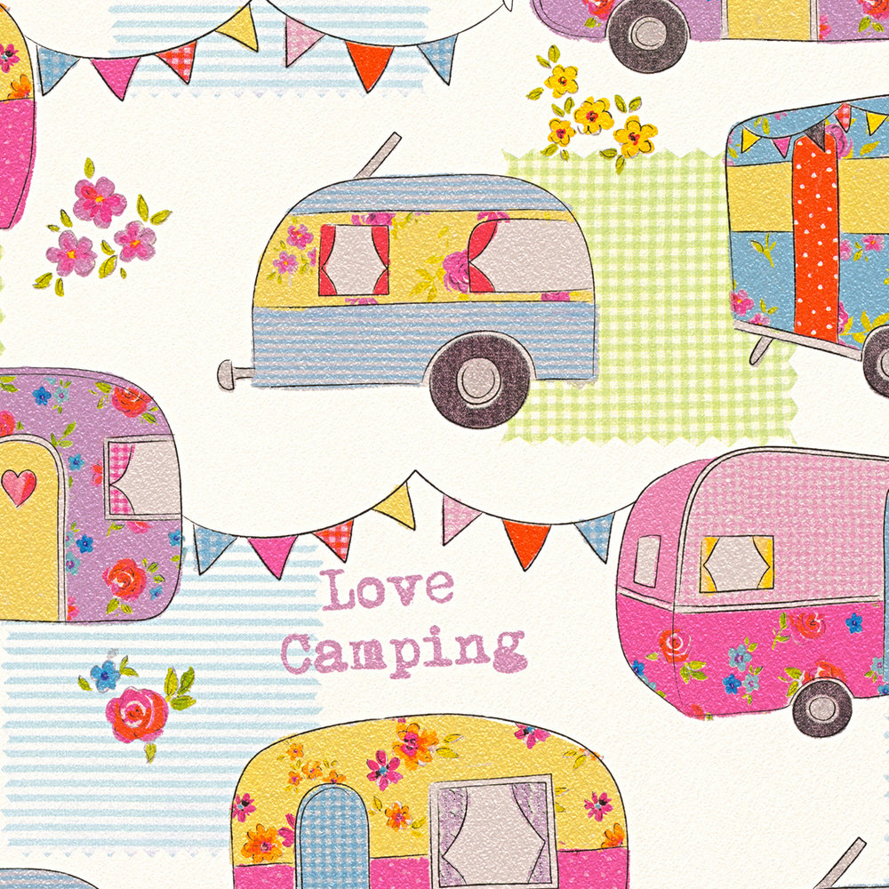             Kinderzimmertapete Reisen & Camping, gemustert – Bunt, Creme
        