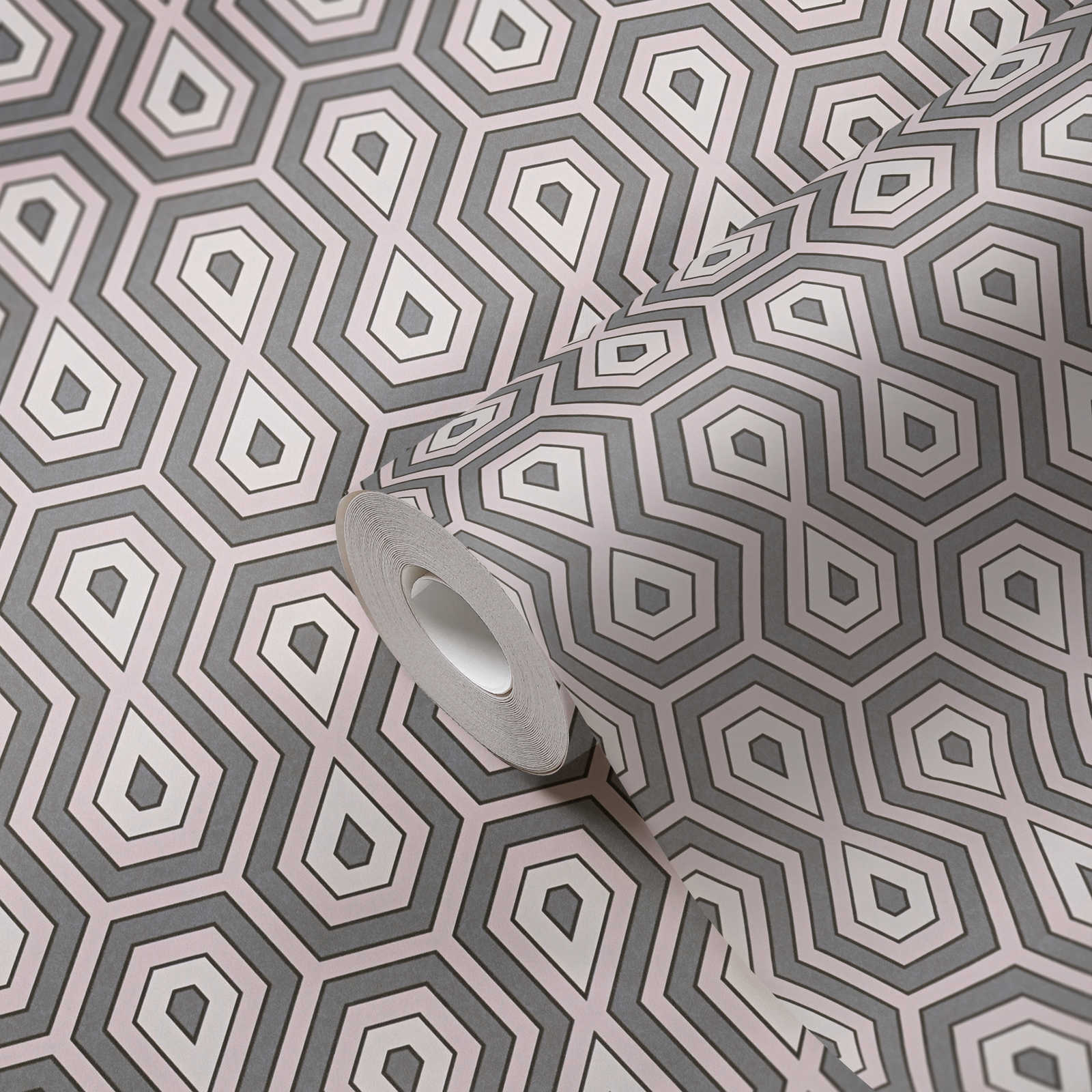             Tapete Metallic Retro Muster mit 70er Grafik Design – Rosa, Grau, Weiß
        
