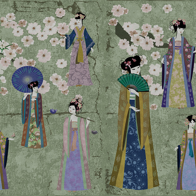         Fototapete Japan Comic mit Kirschblüten – Grün, Blau
    