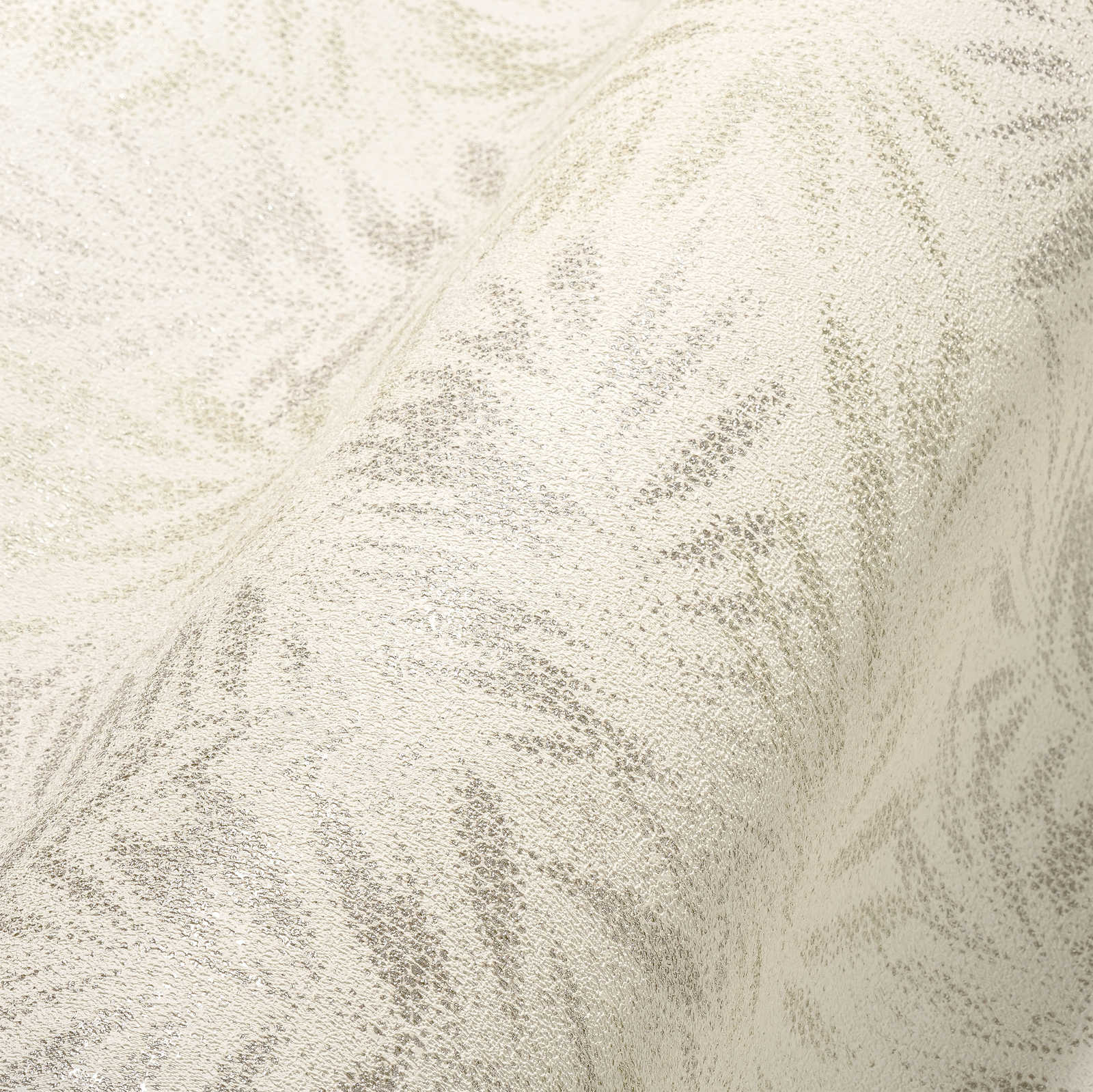             Vliestapete mit glänzenden Blättermuster – Weiß, Grau, Silber
        
