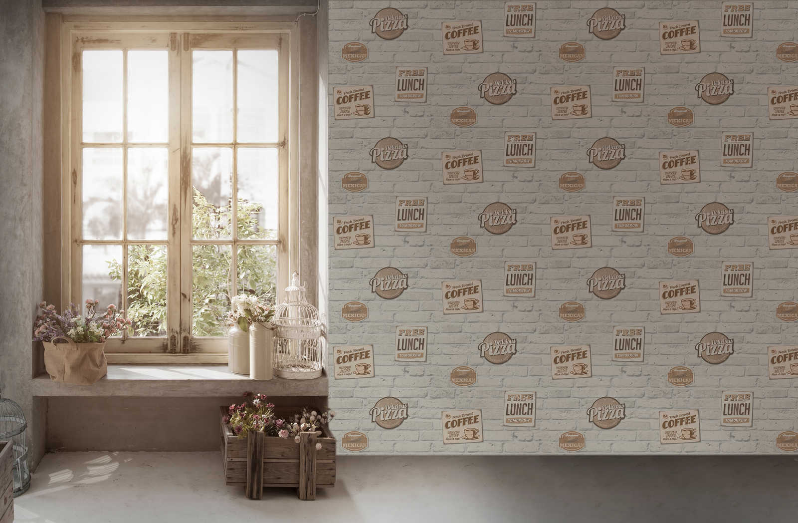             Selbstklebende Tapete | Weiße Ziegelmauer mit Reklameschildern
        
