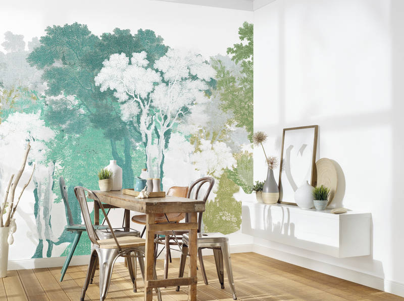             Fototapete mit Baum-Motiv, Wald & Leinenoptik – Grün, Weiß, Grau
        