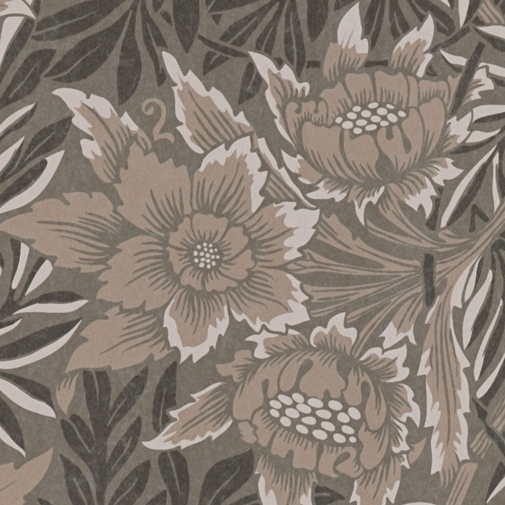             Blumentapete mit Blätterranken und Blüten – Braun, Grau, Weiß
        