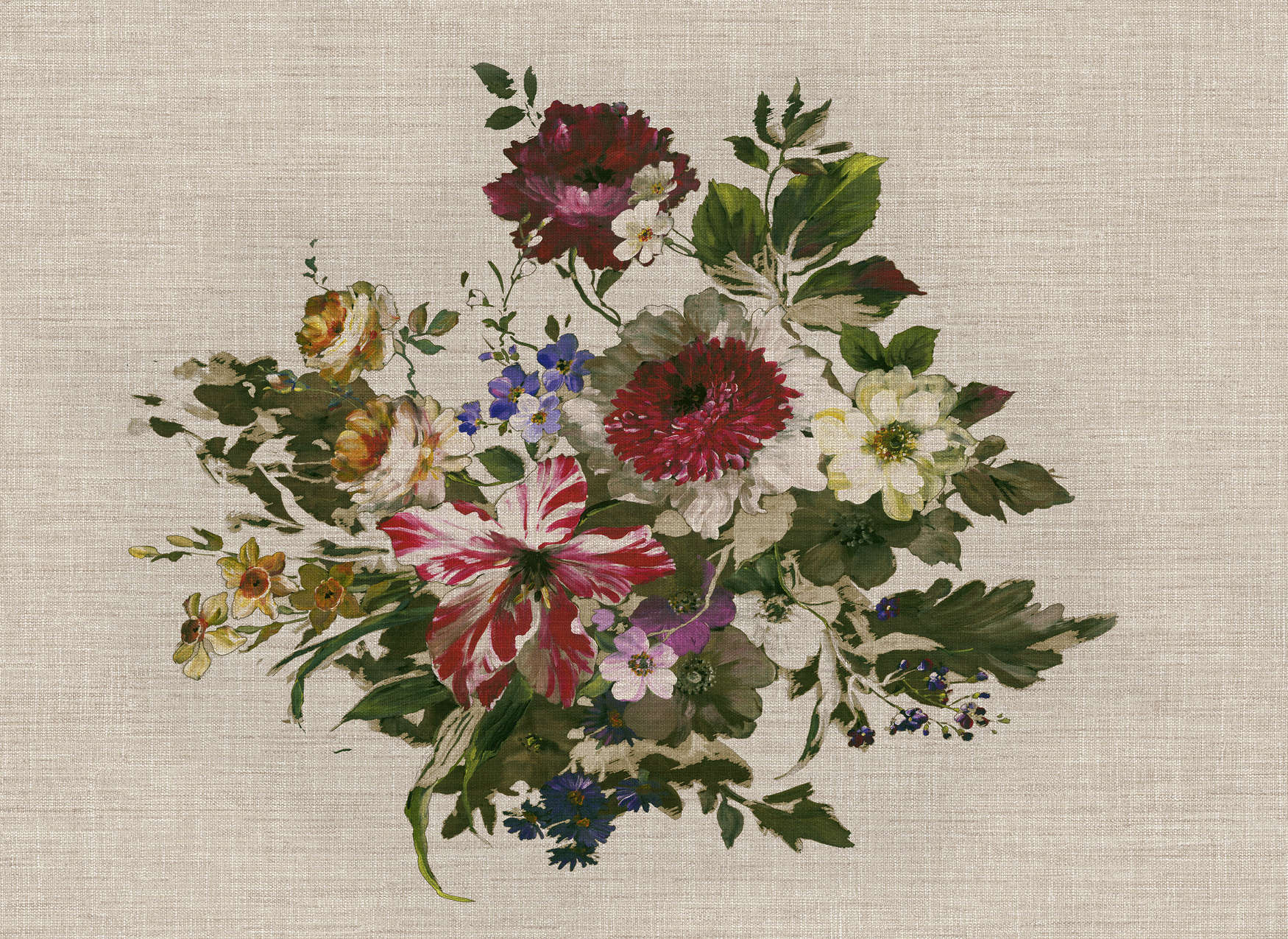             Fototapete gemalte Blumen im Vintage Stil & Leinenoptik – Bunt, Grün, Beige
        