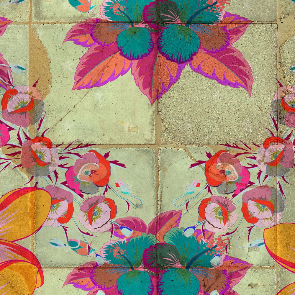             Fototapete »jolie« - Blütendesign mit Kaleidoskopeffekt auf Betonfliesenstruktur – Glattes, leicht perlmutt-schimmerndes Vlies
        