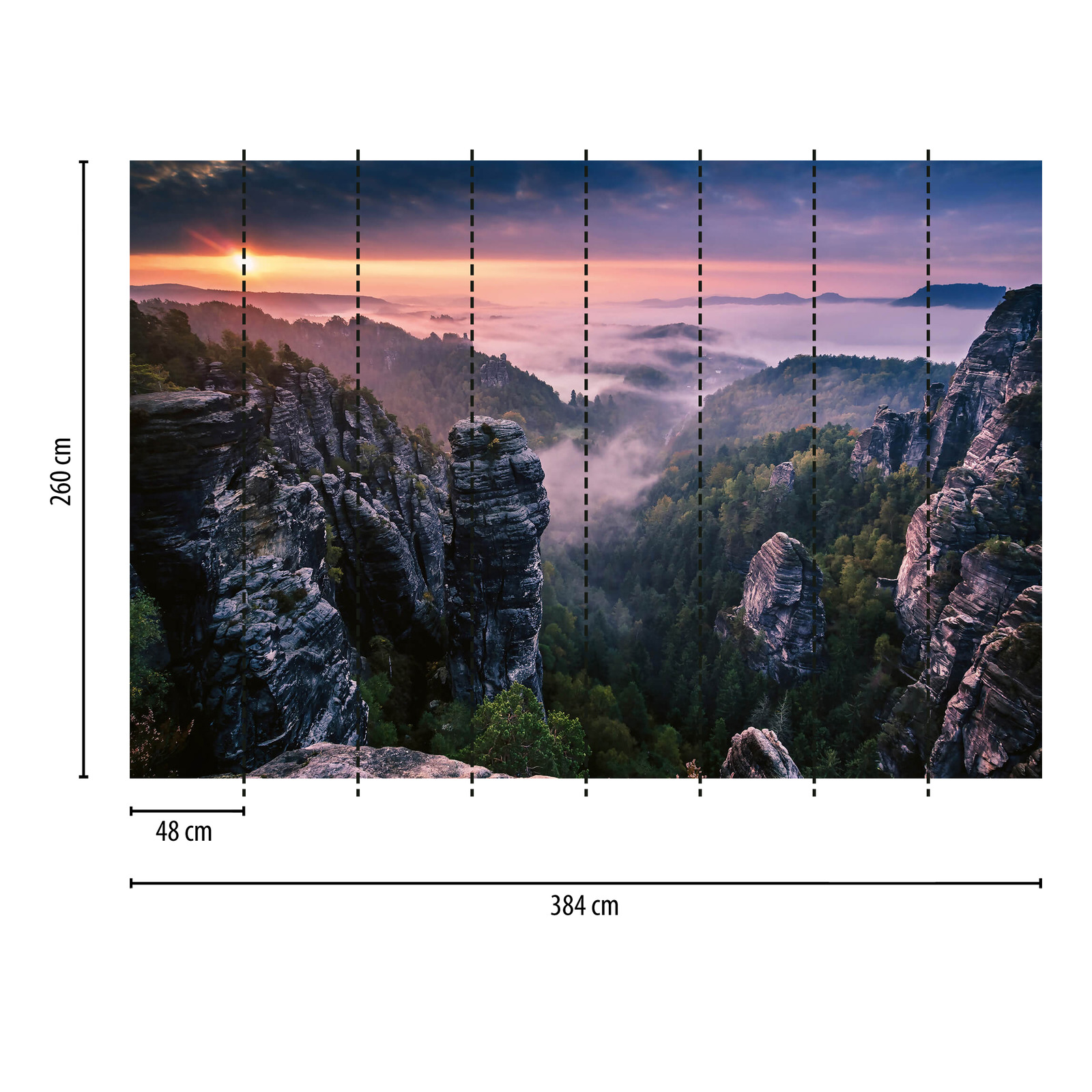             Fototapete Sonnenaufgang in Bergen – Grau, Grün, Weiß
        