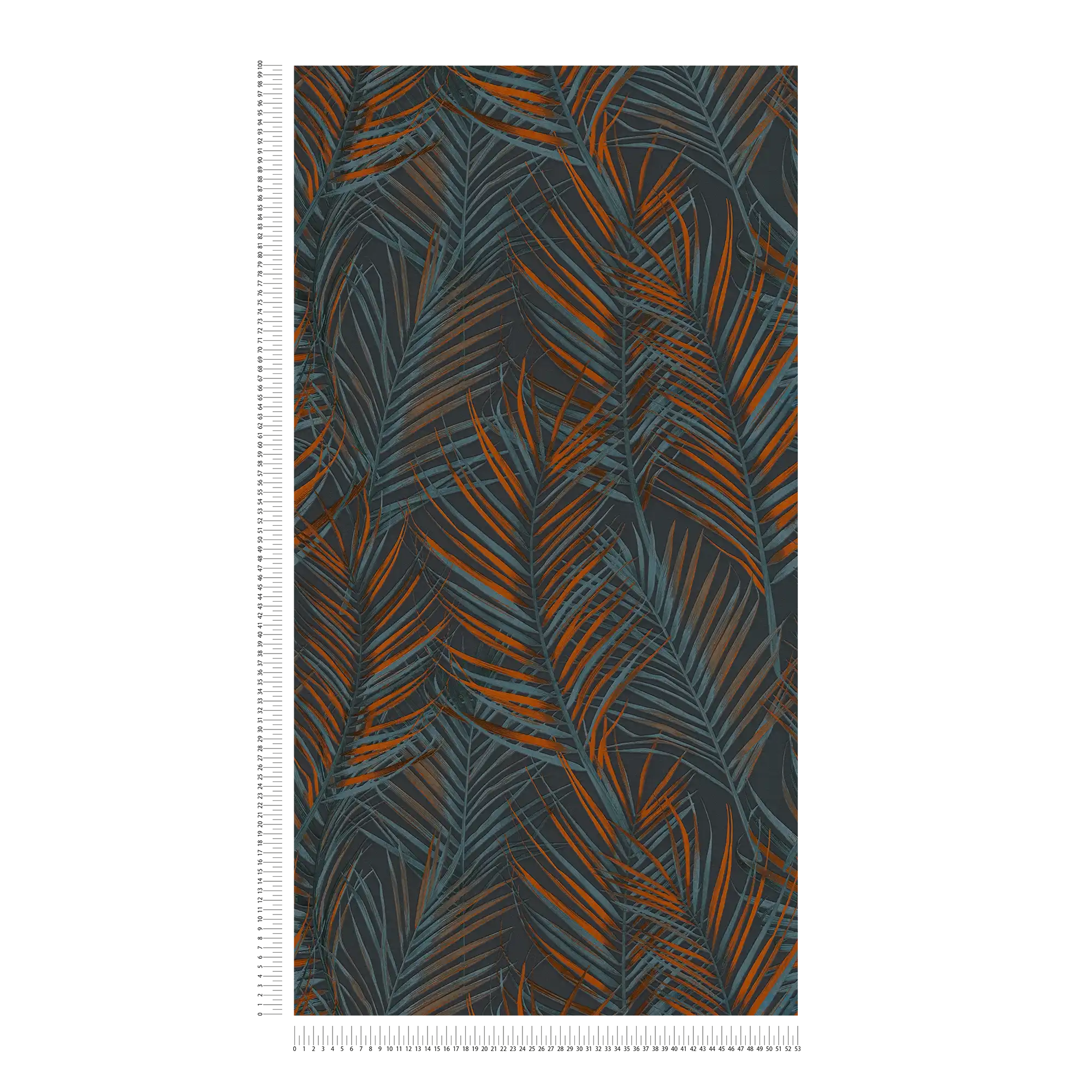             Dschungel Tapete mit Palmen Blätter in matt – Schwarz, Orange, Petrol
        