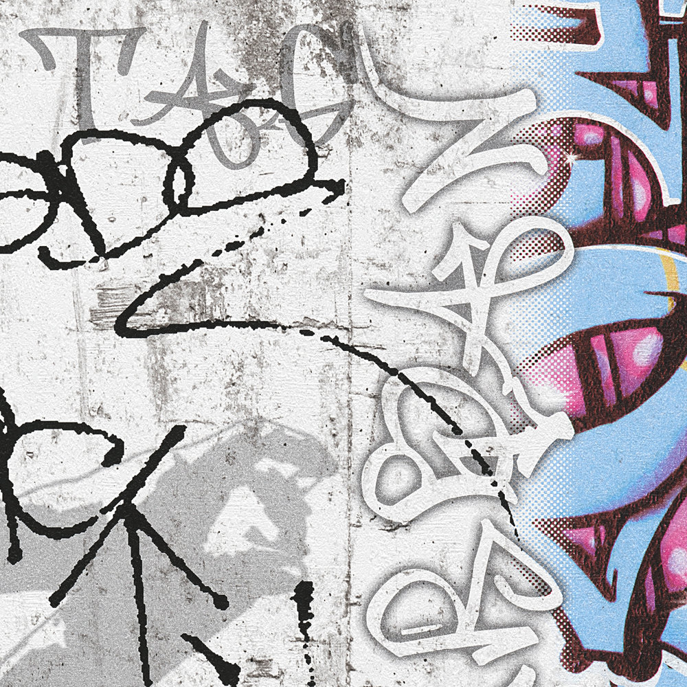             Graffiti-Tapete mit Beton-Optik & Grafik-Design – Grau, Blau
        