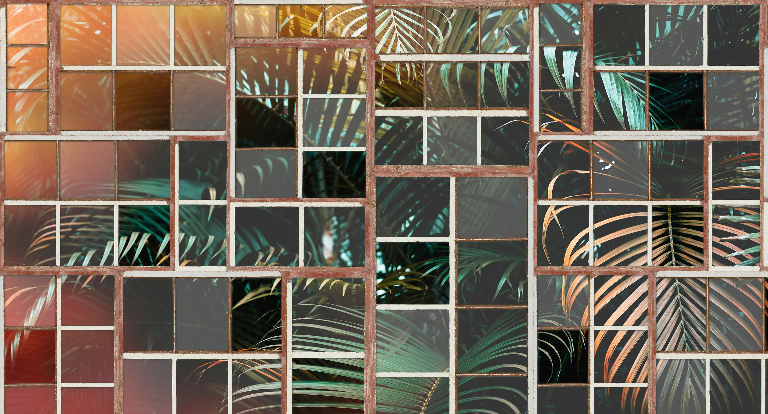             Fototapete mit Ausblick, Retro-Fenster & Farnen – Braun, Weiß, Grün
        