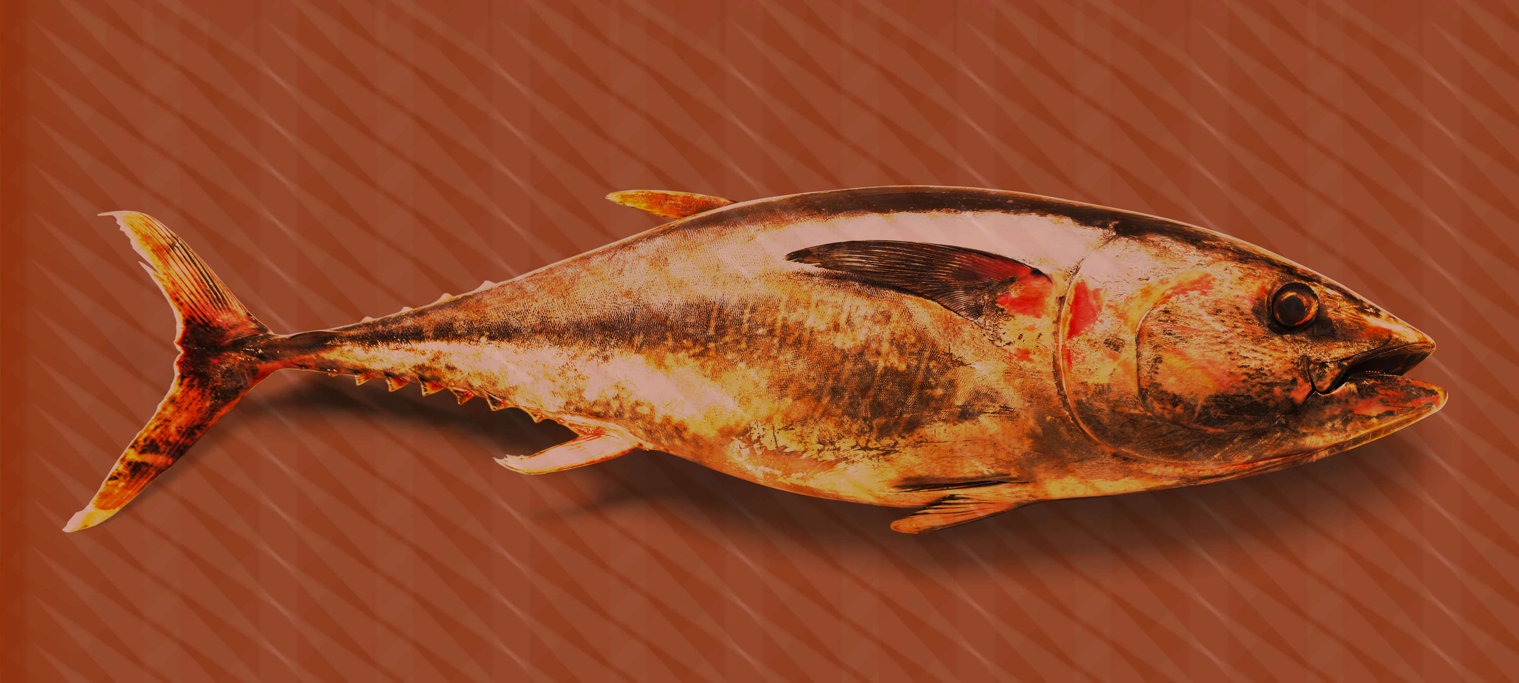             Thunfisch-Tapete im Pop Art, Fisch & Streifen Design – Rot, Orange, Gelb
        