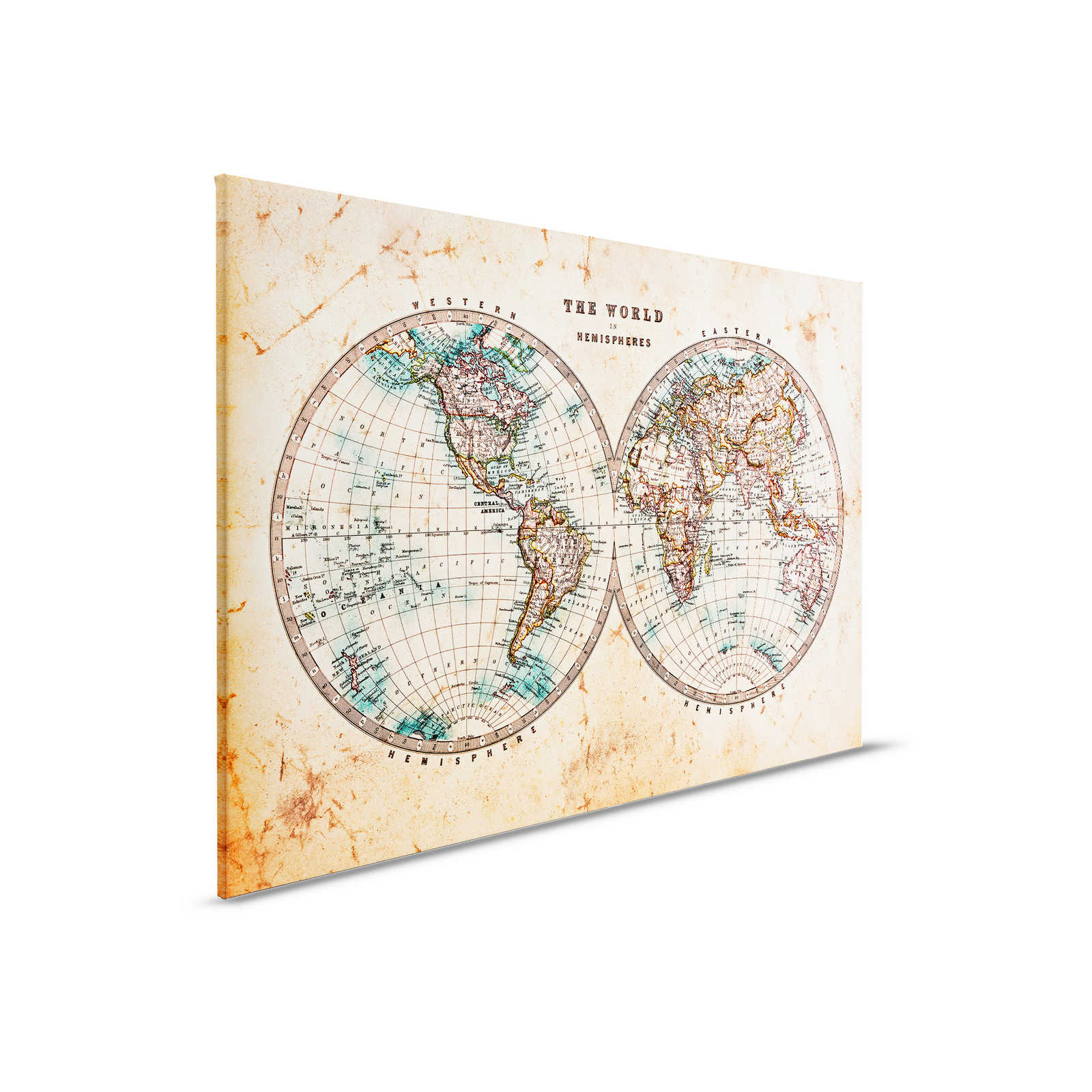         Leinwand mit Vintage Weltkarte in Hemisphären | braun, beige, blau – 0,90 m x 0,60 m
    