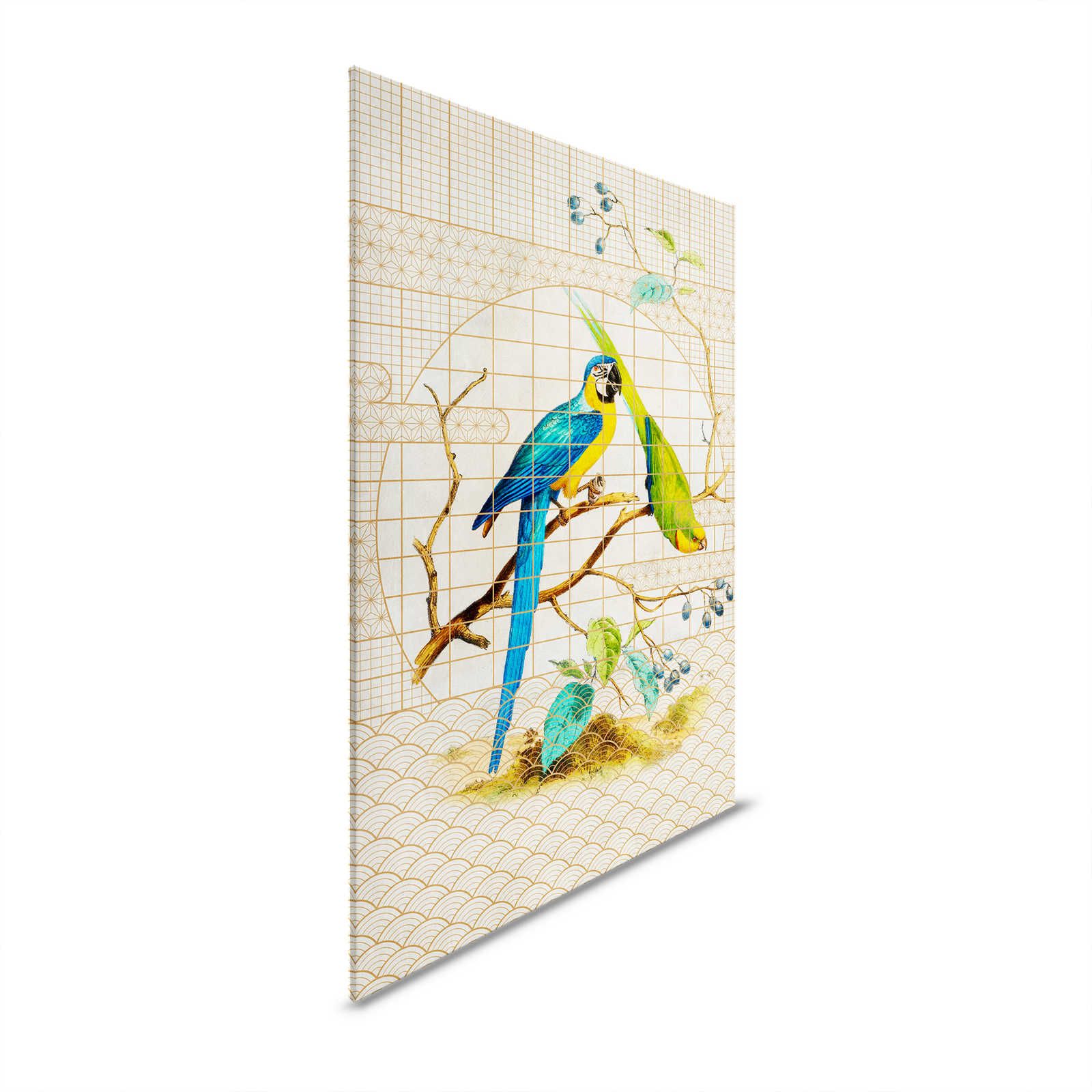 Voliere 3 - Leinwandbild Papagei & goldenes Muster im Vintage Stil – 0,90 m x 0,60 m
