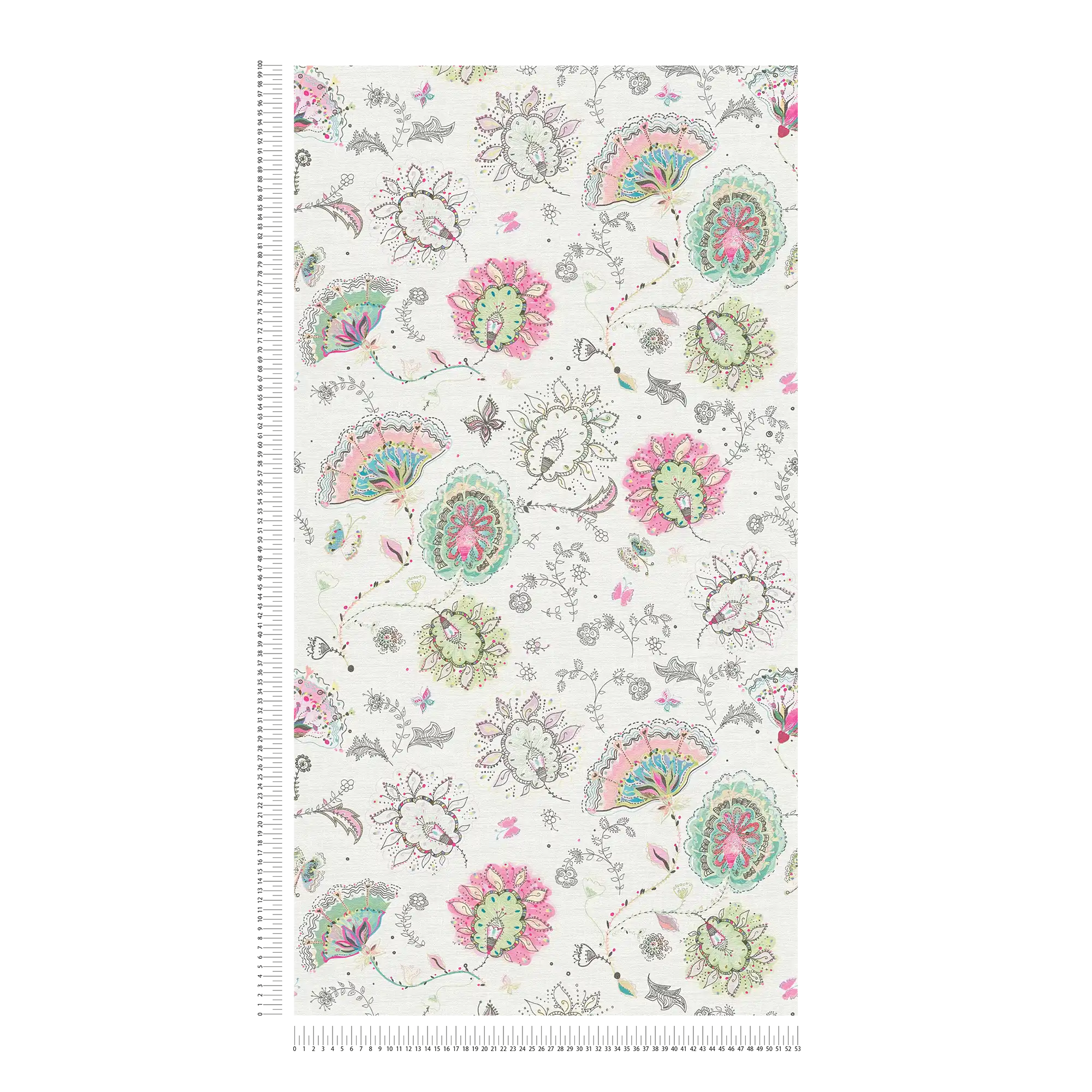             Blumenmuster Tapete in kräftigen Farben – Creme, Grün, Rosa
        