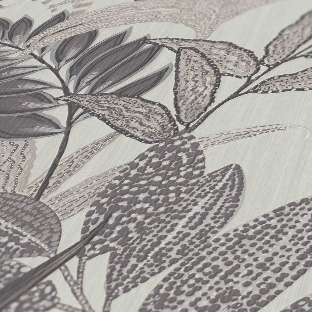             Monochrome Dschungel Tapete mit Prägestruktur – Grau, Weiß
        
