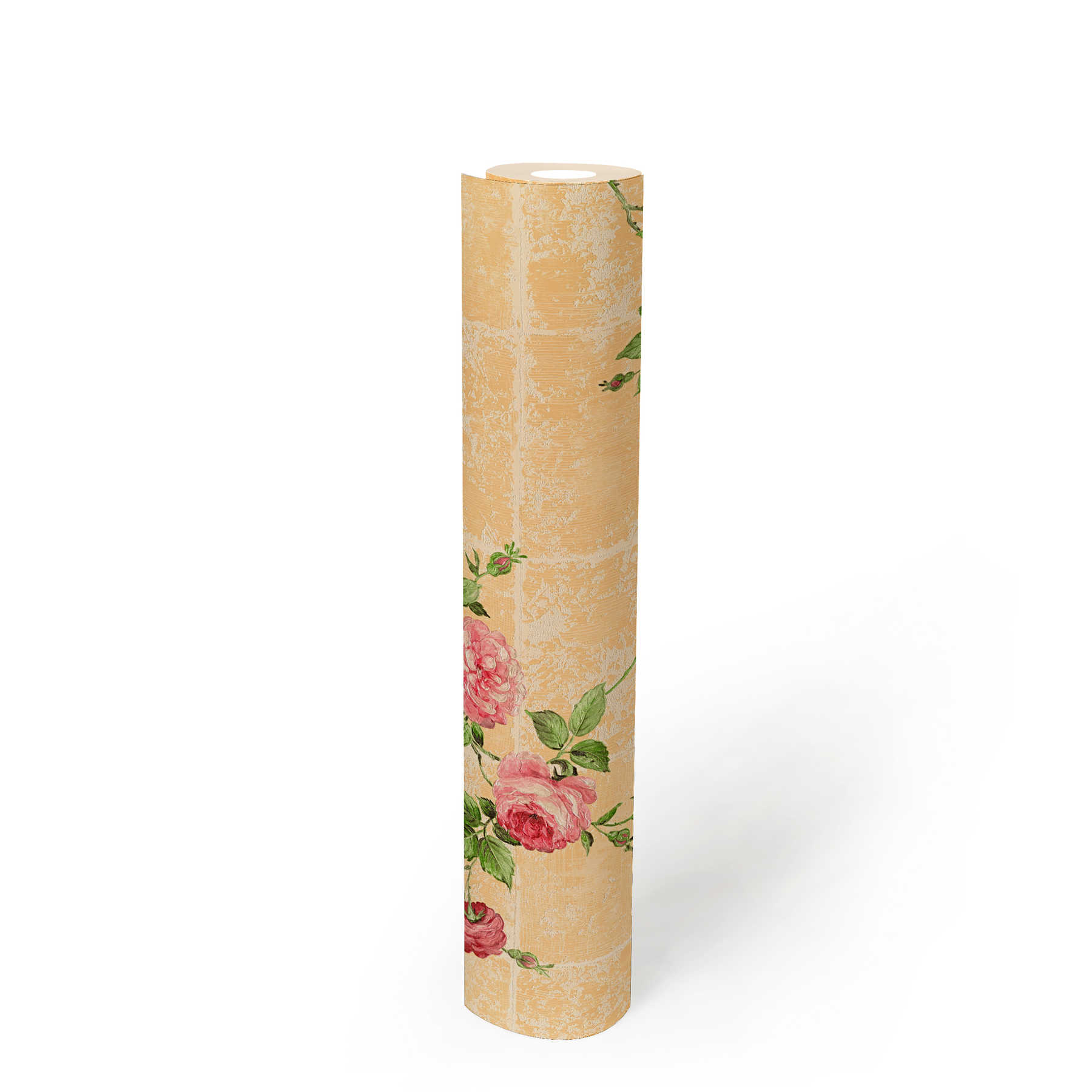             Fliesenoptik Tapete rustikal mit Rosen – Bunt
        