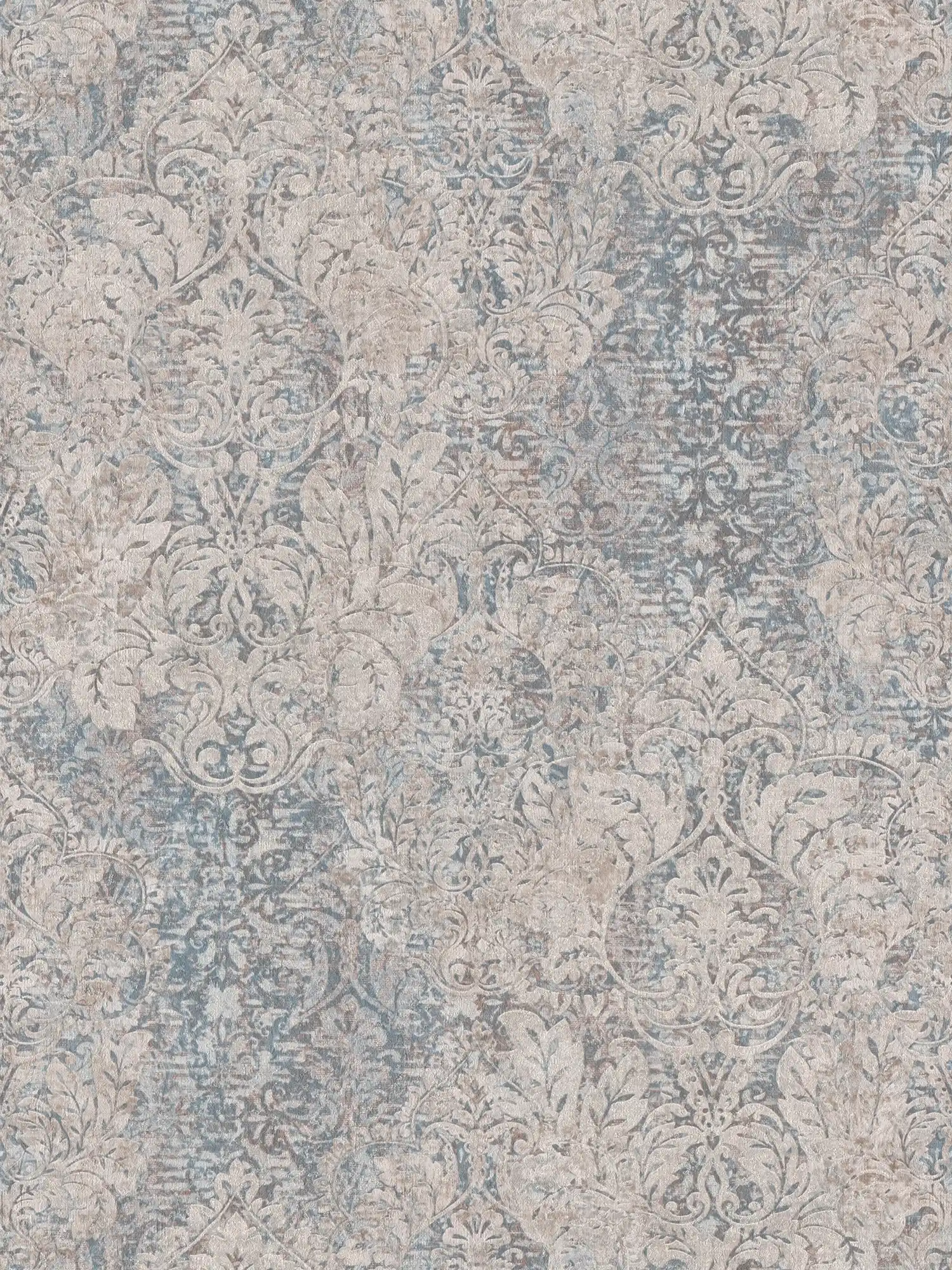         Ornament Tapete Used im floralen Vintage Stil – Beige, Blau
    