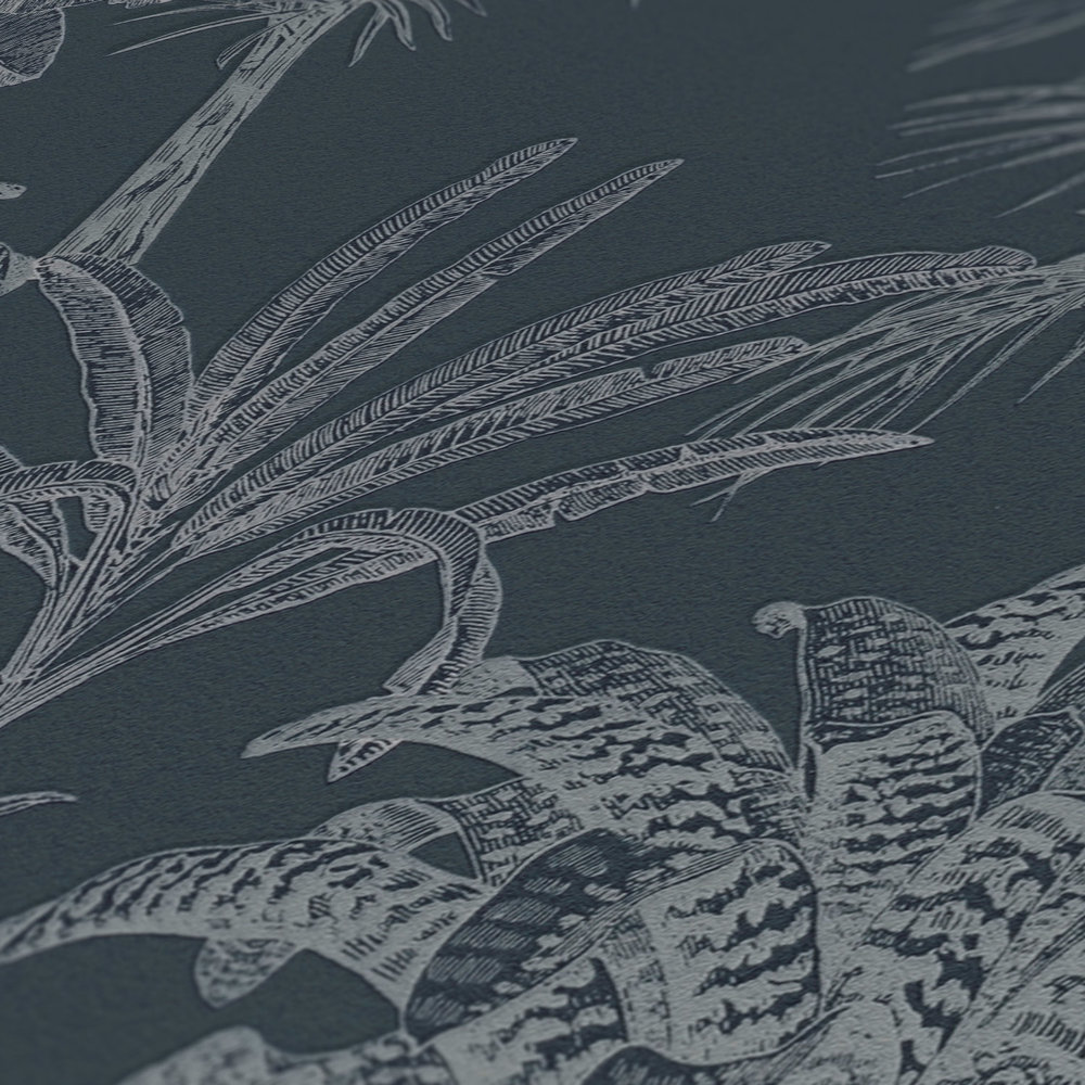             Vliestapete Dunkelblau Palmen Muster im Kolonial Stil – Blau
        