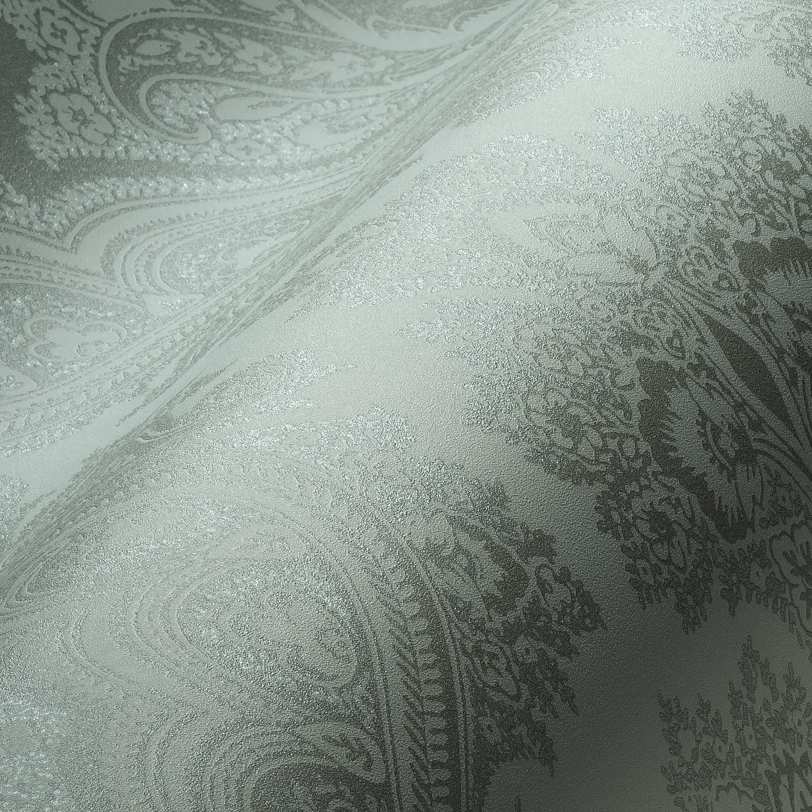             Boho Tapete Mintgrün & Silbergrau mit Ornamentmuster – Metallic, Grün
        