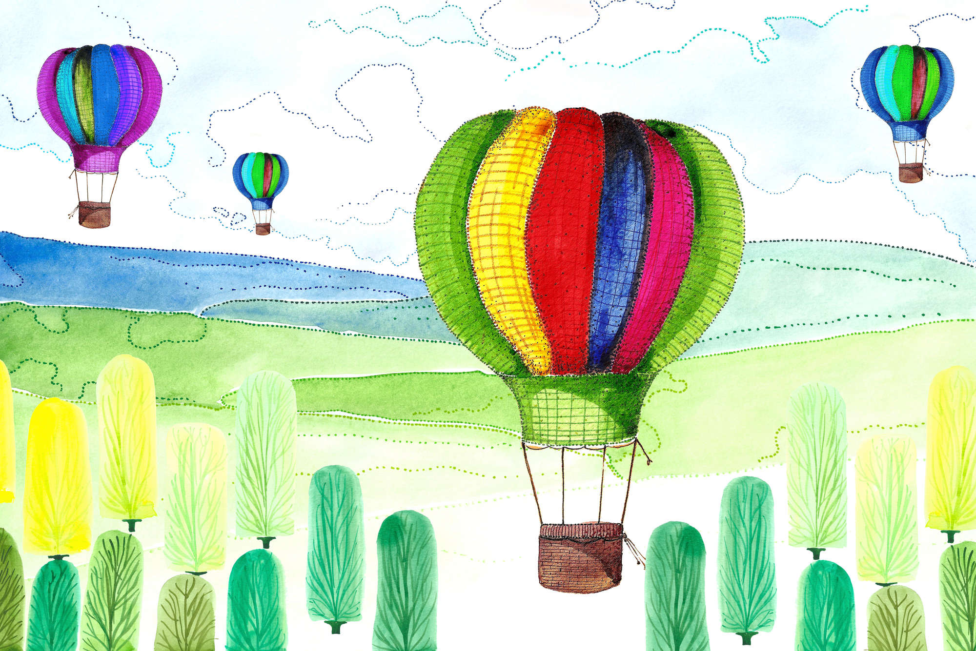             Kinder Fototapete Ballon und Wald Zeichnungen auf Matt Glattvlies
        