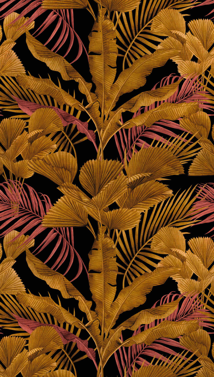             Vliestapete mit verschiedenen Dschungelblättern – Schwarz, Gold, Rosa
        