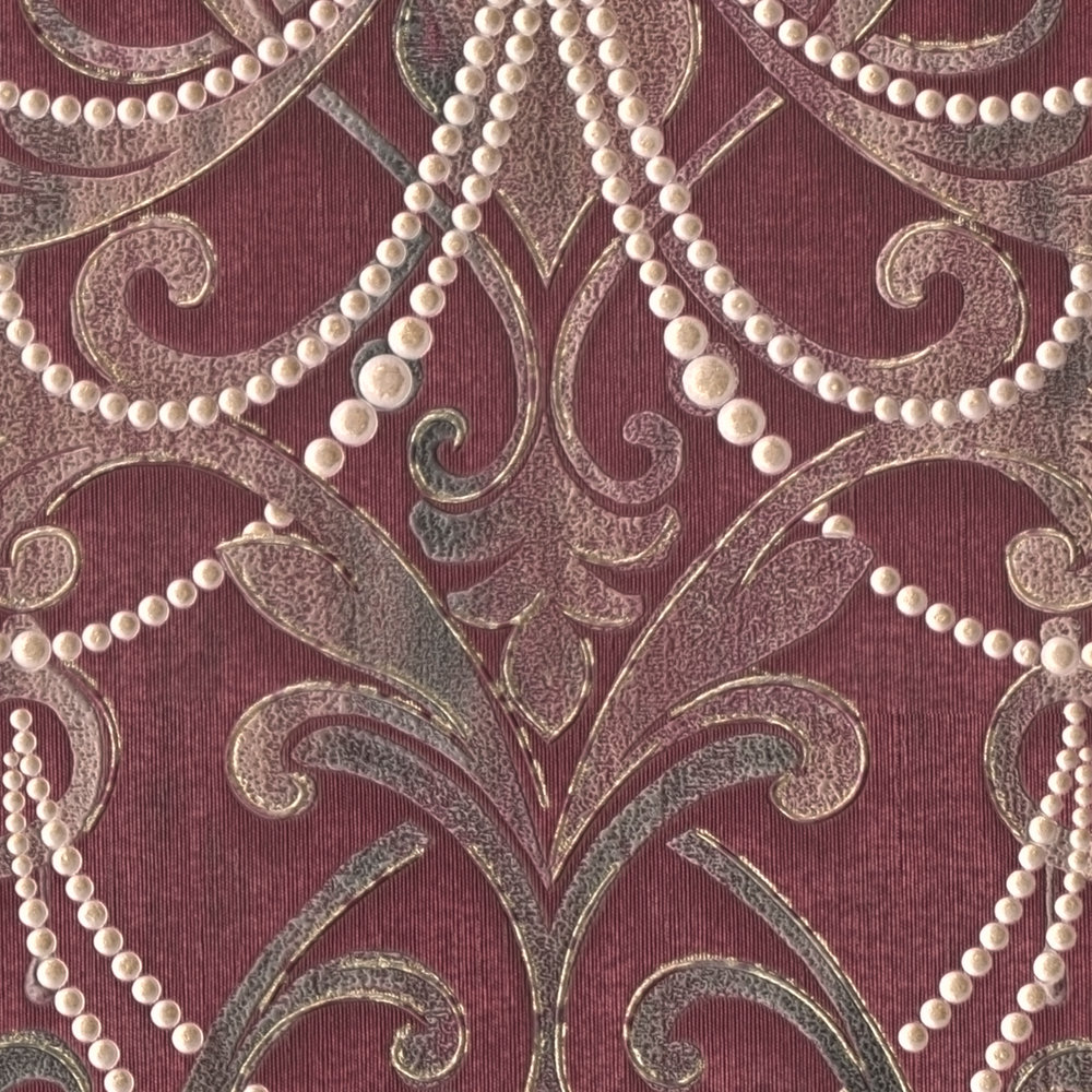             Rote Ornament Tapete mit Perlenmuster & Metallic Effekt
        