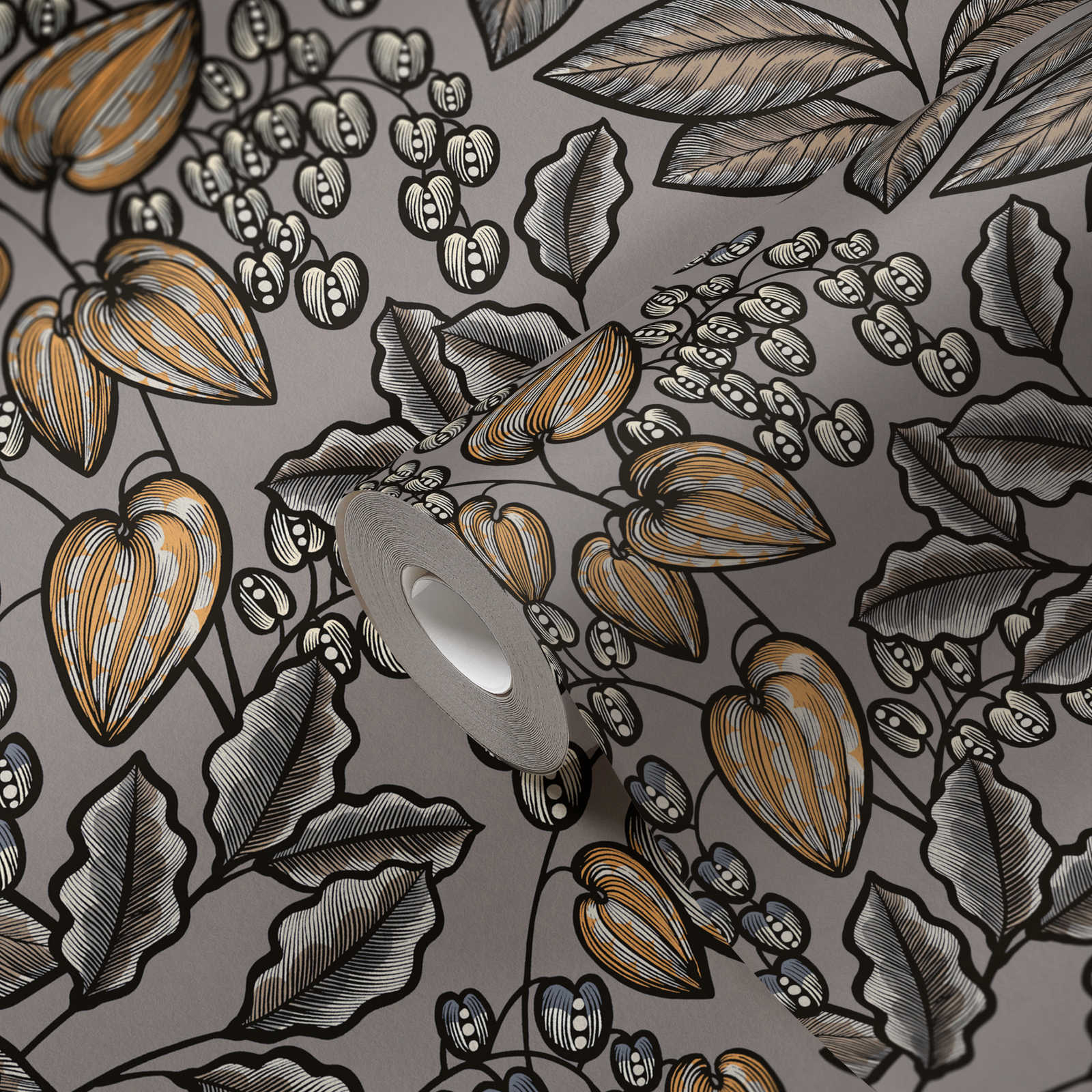             Tapete Greige Blätter Design mit Senfgelben Akzenten – Grau, Braun, Gelb
        