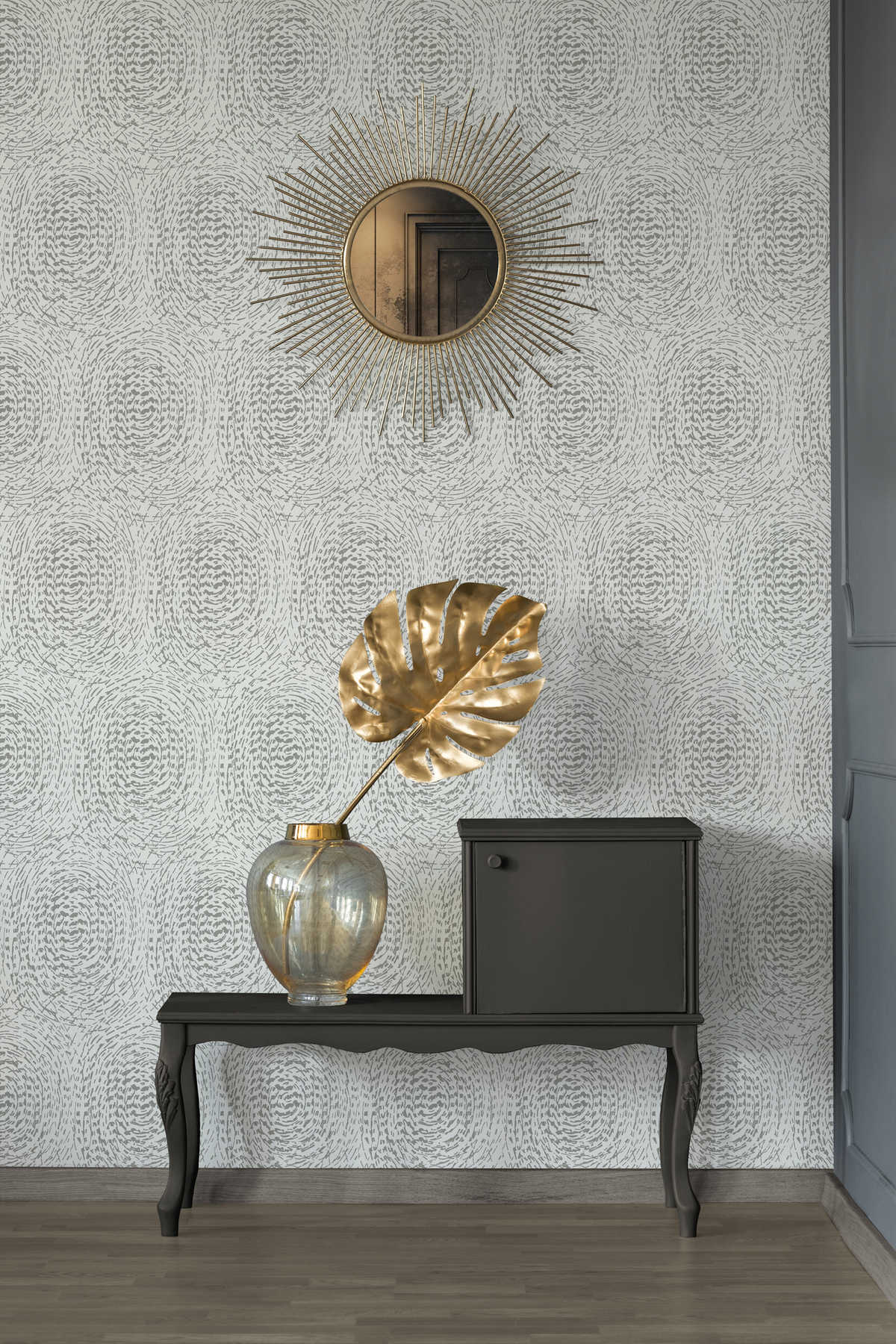            Tapete Ethno Design mit Metallic Farbe & Strukturdesign – Silber, Weiß
        