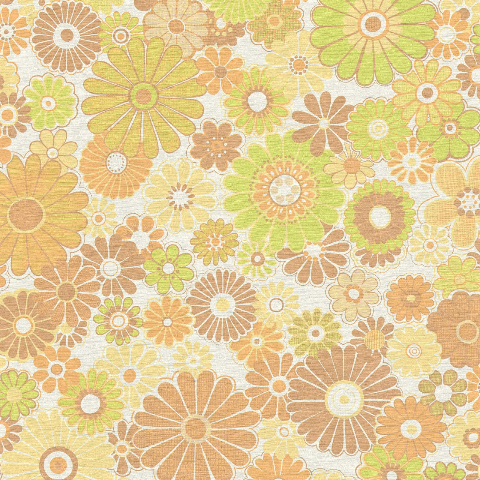 Florale Retro Tapete mit leichter Struktur – Gelb, Grün, Braun
