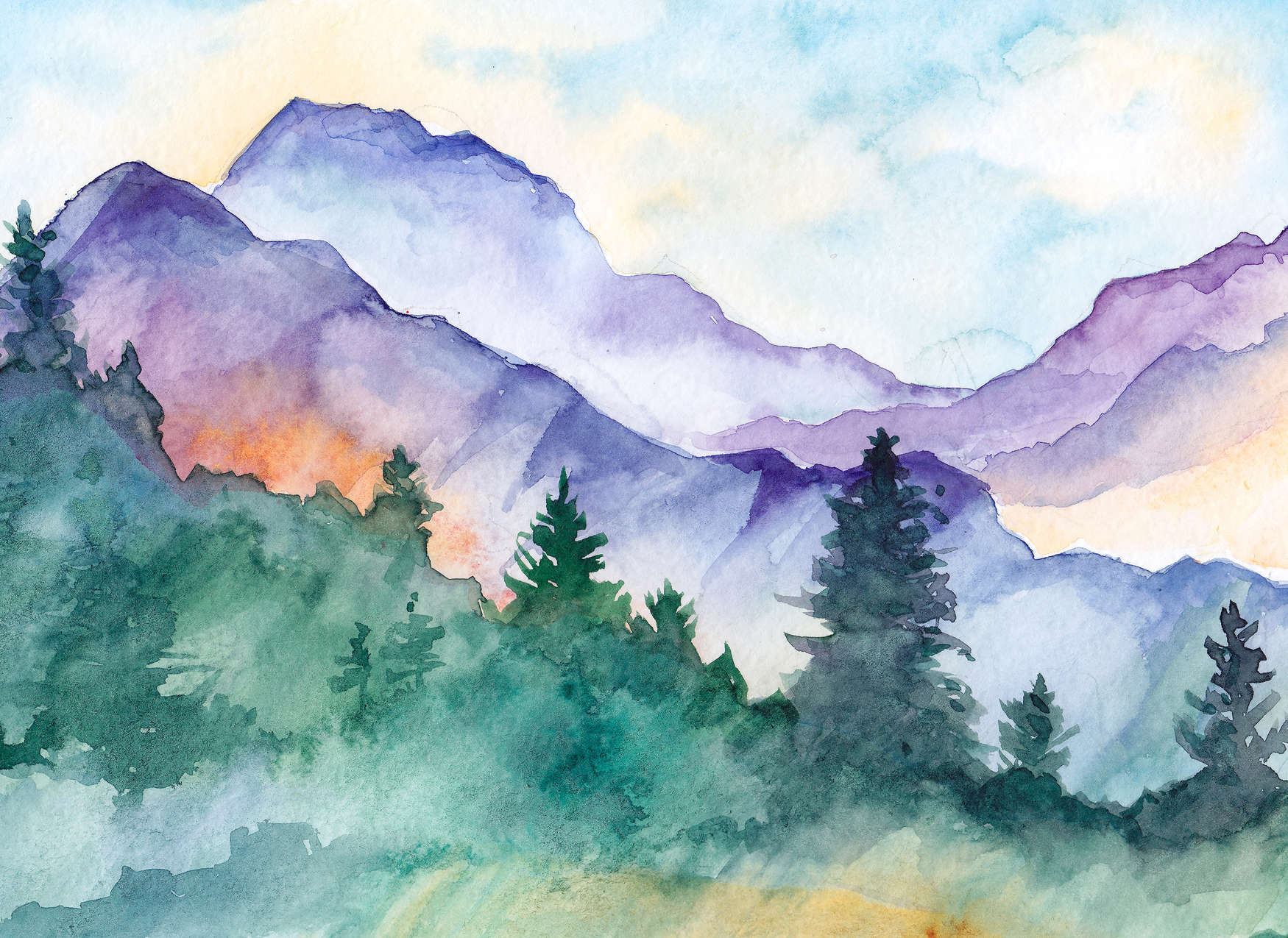             Fototapete mit Wasserfarben gemalte Berglandschaft – Bunt
        