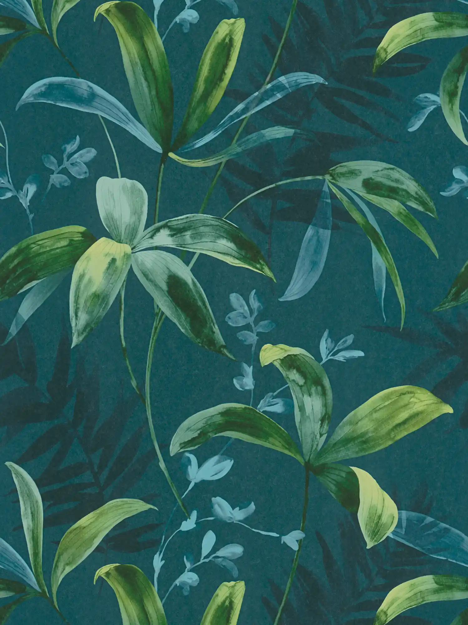 Dunkelgrüne Tapete mit Blätter Muster im Aquarell Stil – Blau, Grün
