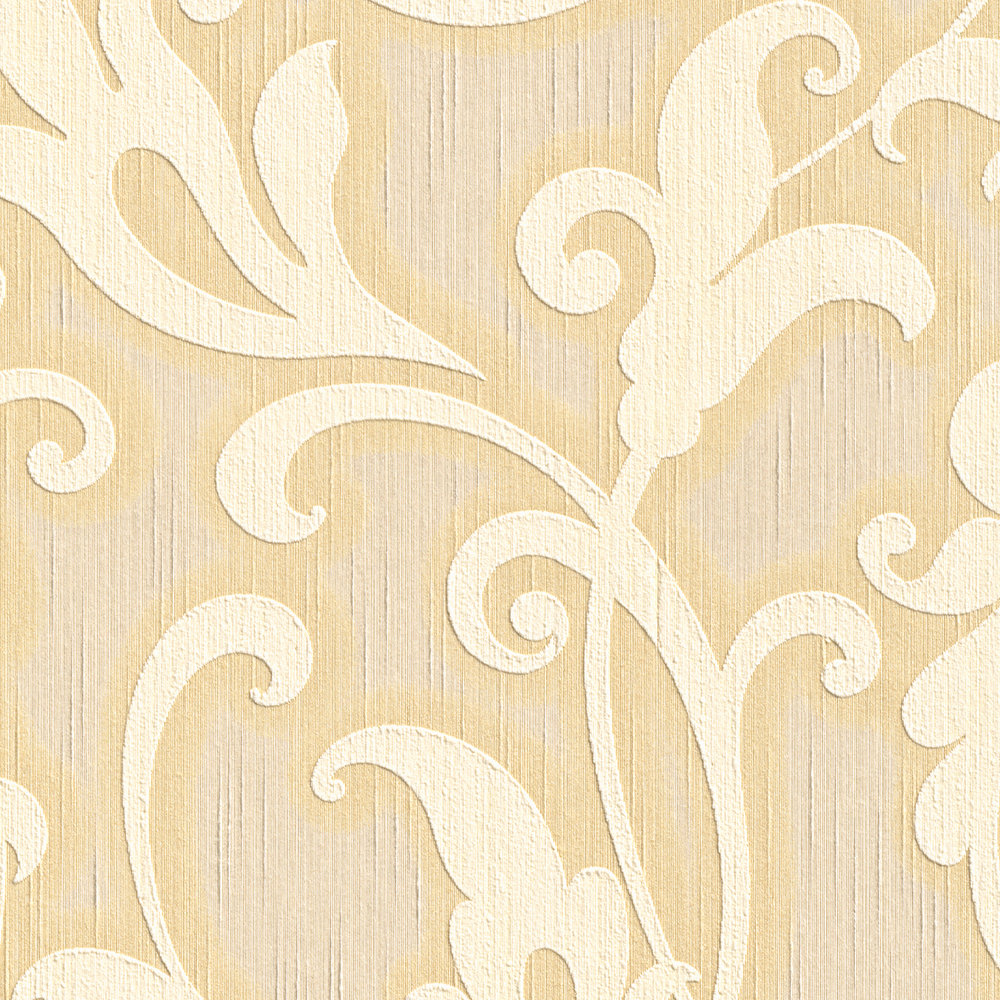             Barocktapete mit Textilstruktur & Prägemuster – Gelb, Gold
        
