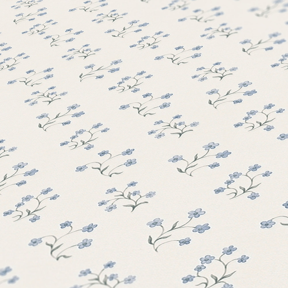             Vliestapete mit feinem Blumenmuster – Weiß, Blau, Grau
        
