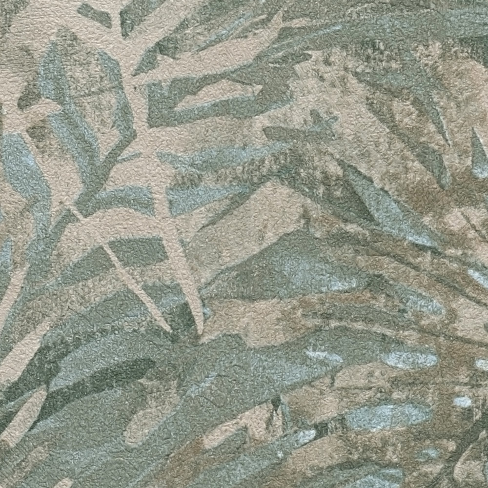             PVC-freie Tapete mit Dschungelmuster im Used-Look – Grün, Blau, Beige
        