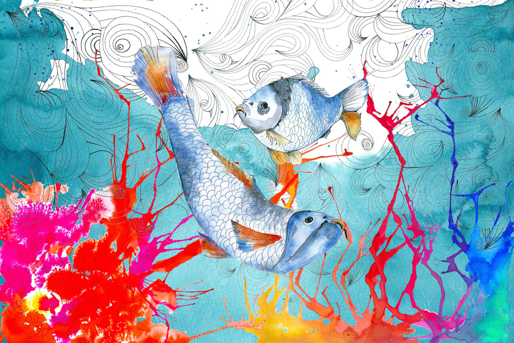             Aquarell Fototapete Fisch Motiv in Blau und Rosa auf Perlmutt Glattvlies
        
