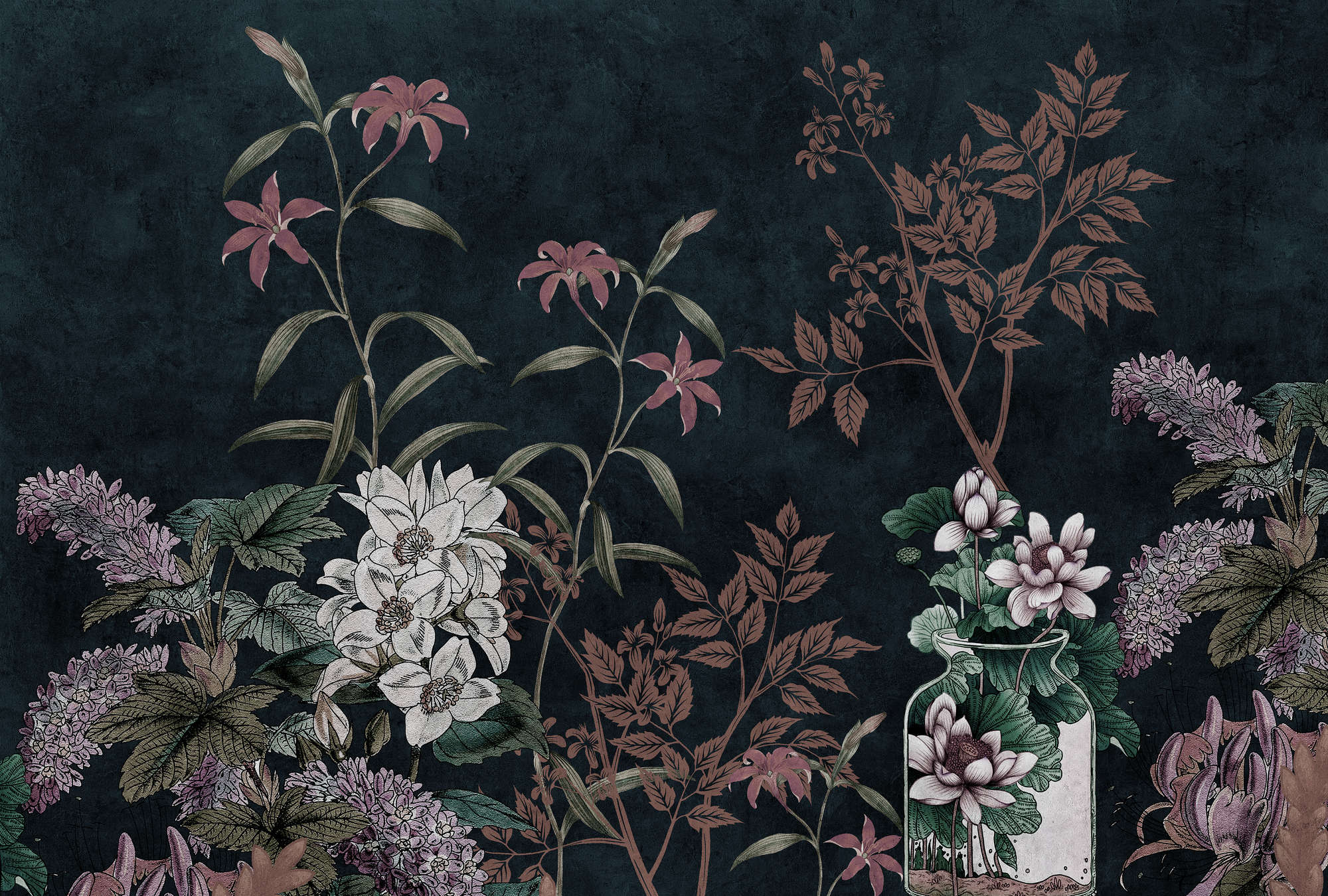             Dark Room 2 – Schwarze Fototapete Botanical Muster Rosa
        