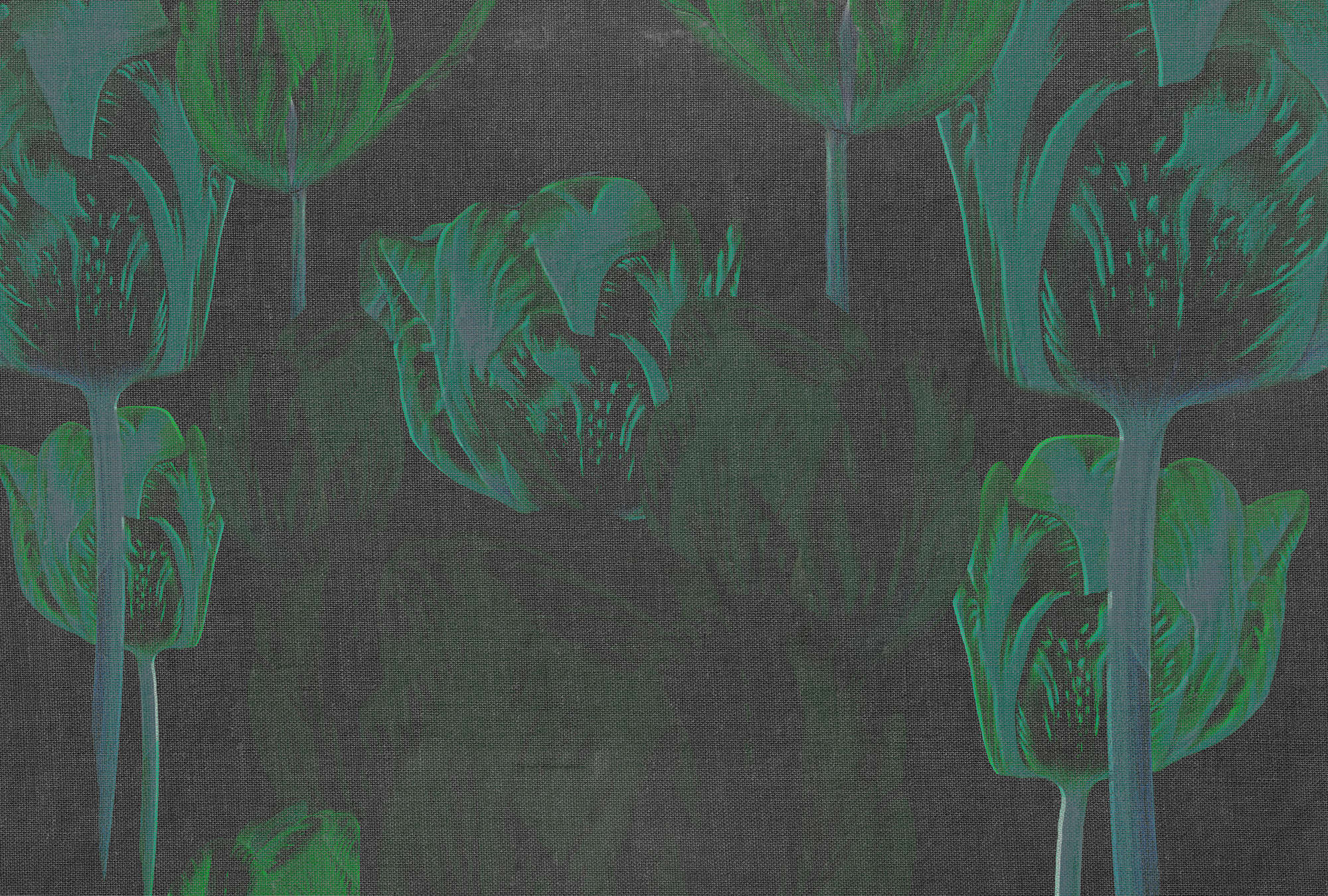             Dunkle Fototapete Tulpen, Blüten in auffälligen Farben – Grün, Schwarz, Grau
        