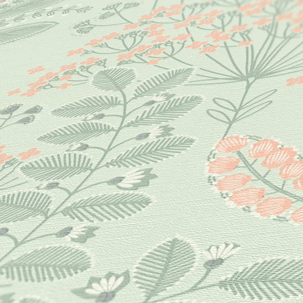             Tapete floral mit Blättern im Retro-Look leicht strukturiert, matt – Grün, Grau, Rosa
        