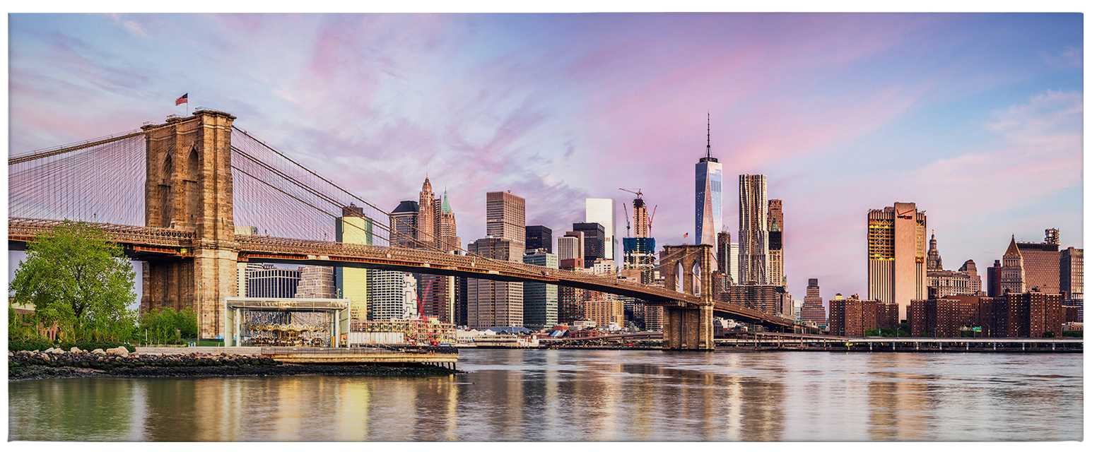             Panorama Leinwandbild Manhattan Skyline und Brooklyn Bridge – 1,00 m x 0,40 m
        