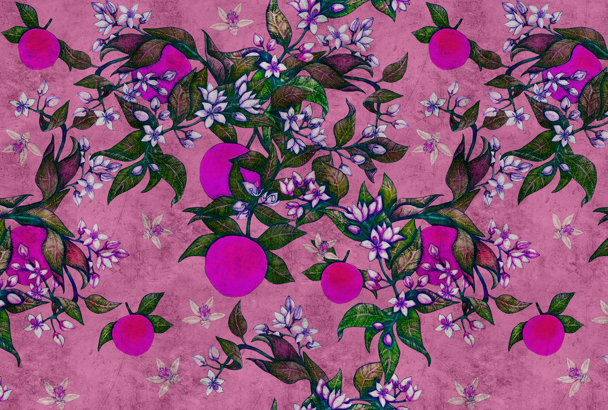             Grapefruit Tree 2 - Fototapete mit Grapefruit & Blütendesign in kratzer Struktur – Rosa, Violett | Perlmutt Glattvlies
        