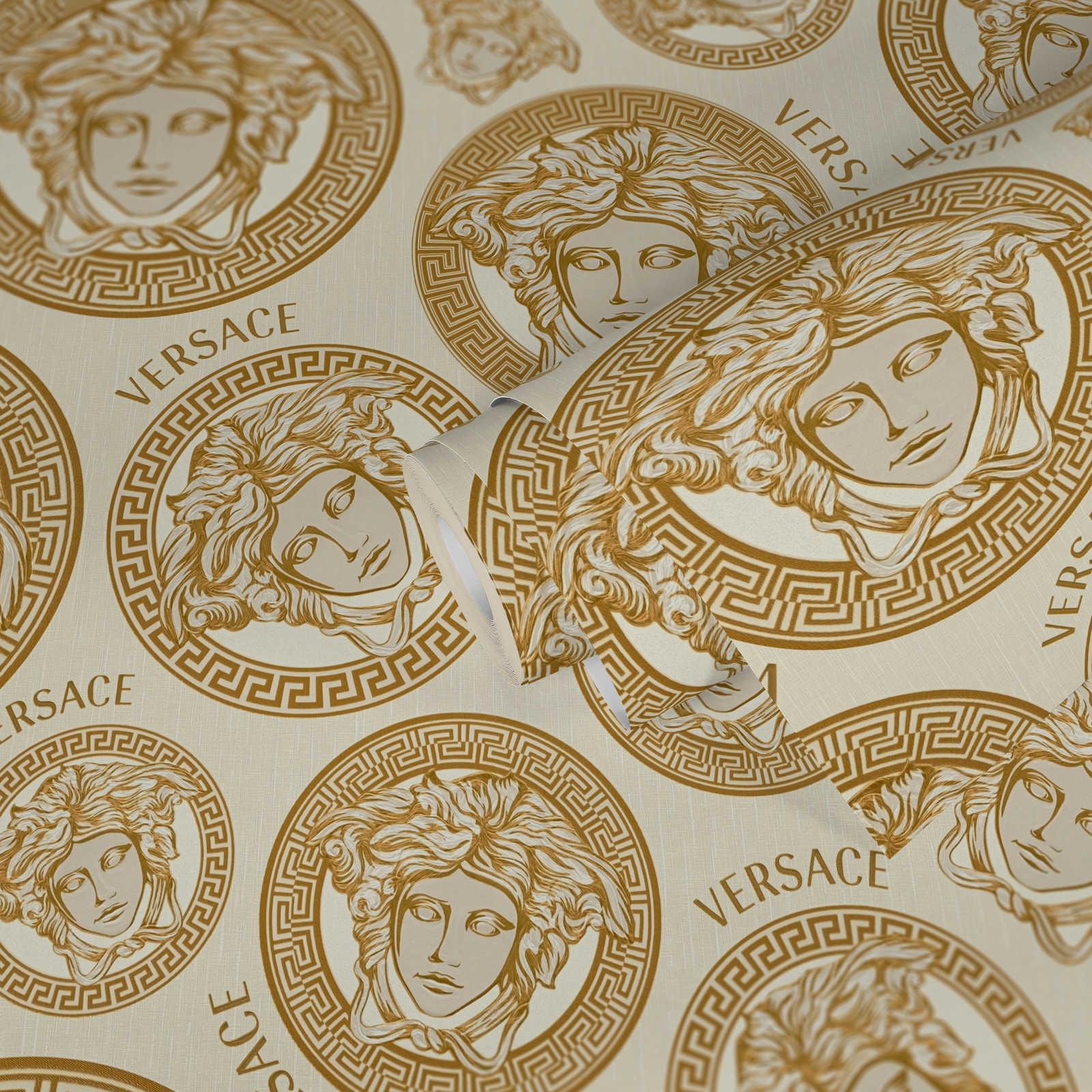             VERSACE Tapete Gold Design mit Medusa Emblem – Creme
        
