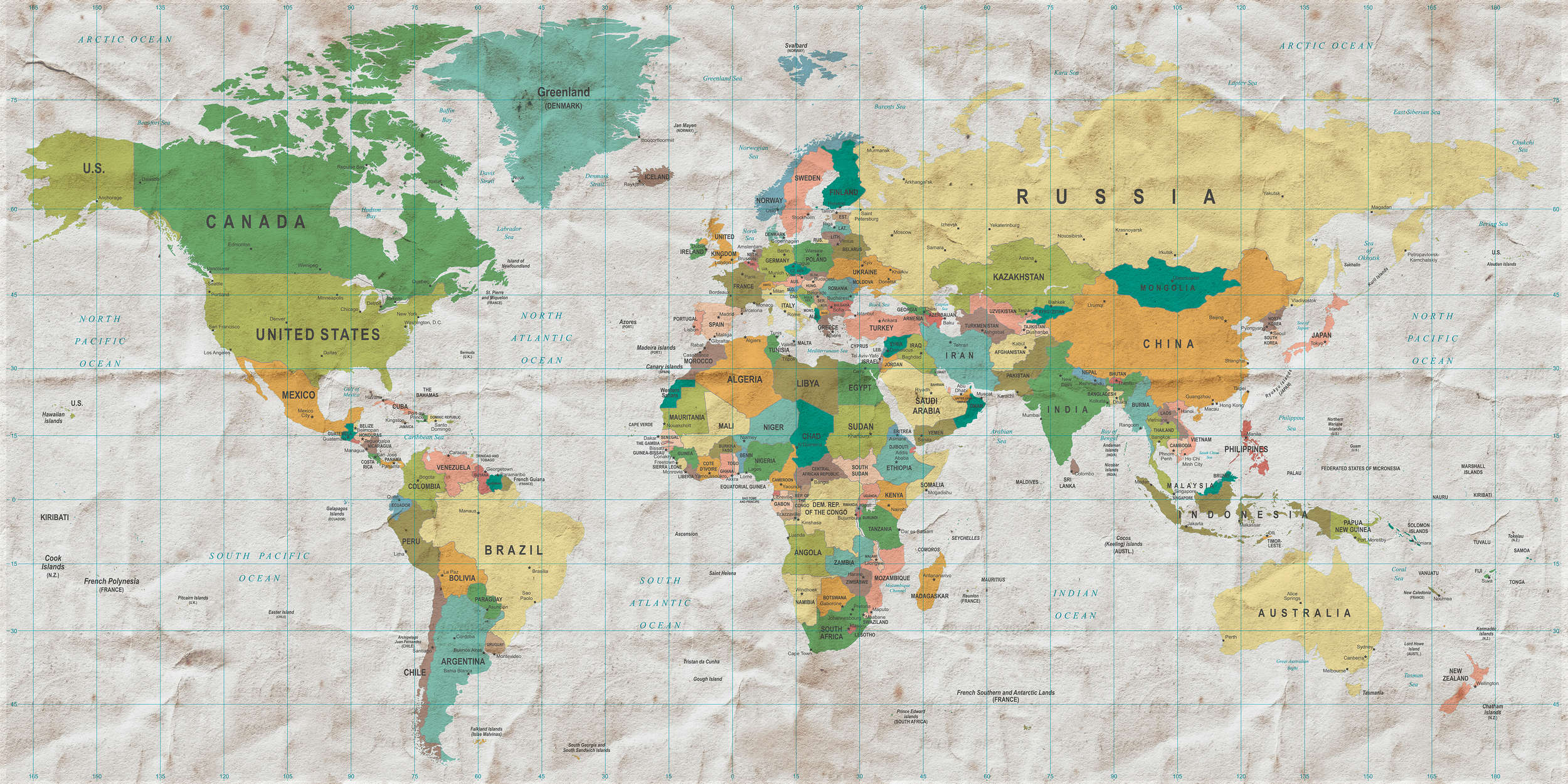 Raumbild Fototapete Weltkarte Länder der Welt im Retro Look
