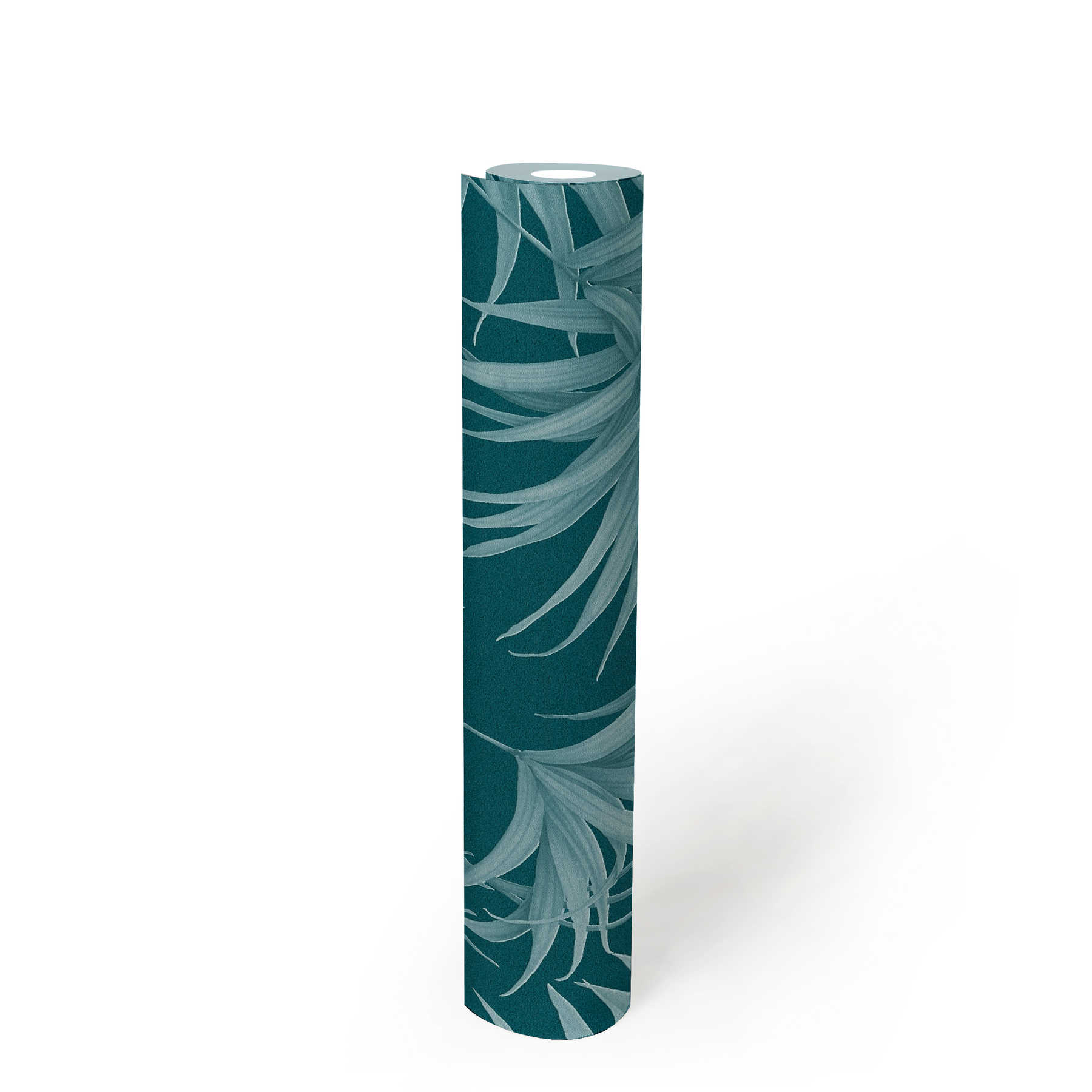             Palmblätter Tapete mit Ton-in-Ton Muster in Petrol – Blau
        
