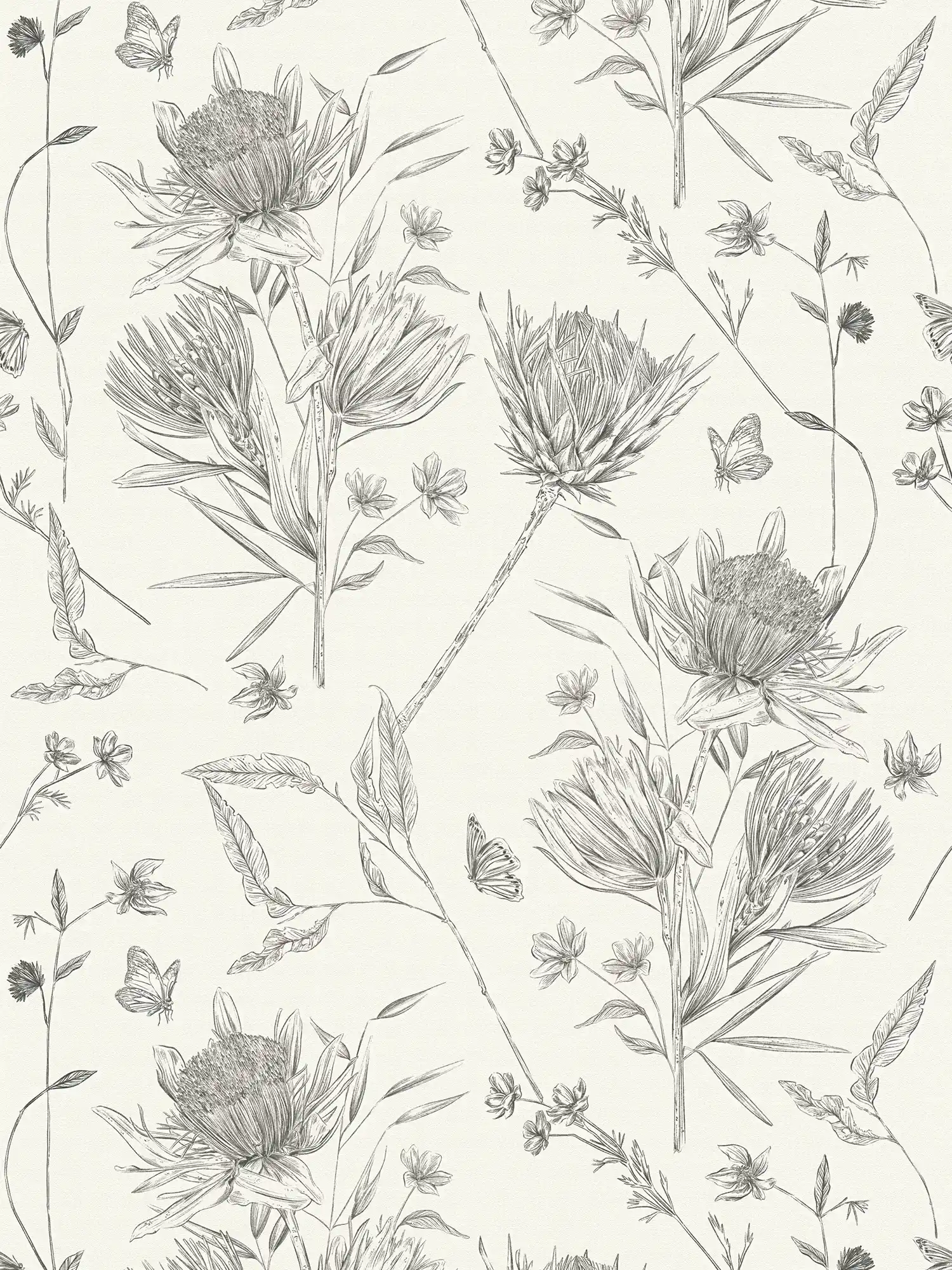 Florale Tapete mit Blättern & Schmetterlingen strukturiert matt – Weiß, Schwarz

