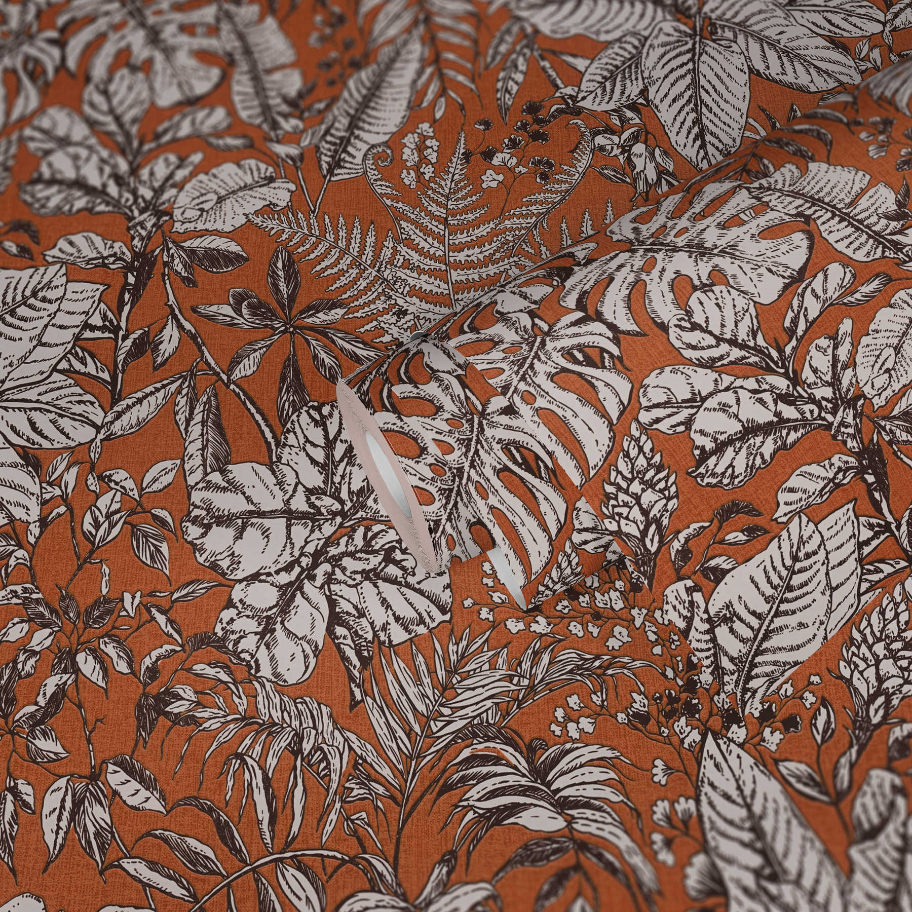             Mustertapete Dschungel Blätter, Monstera & Farne – Orange, Weiß, Braun
        