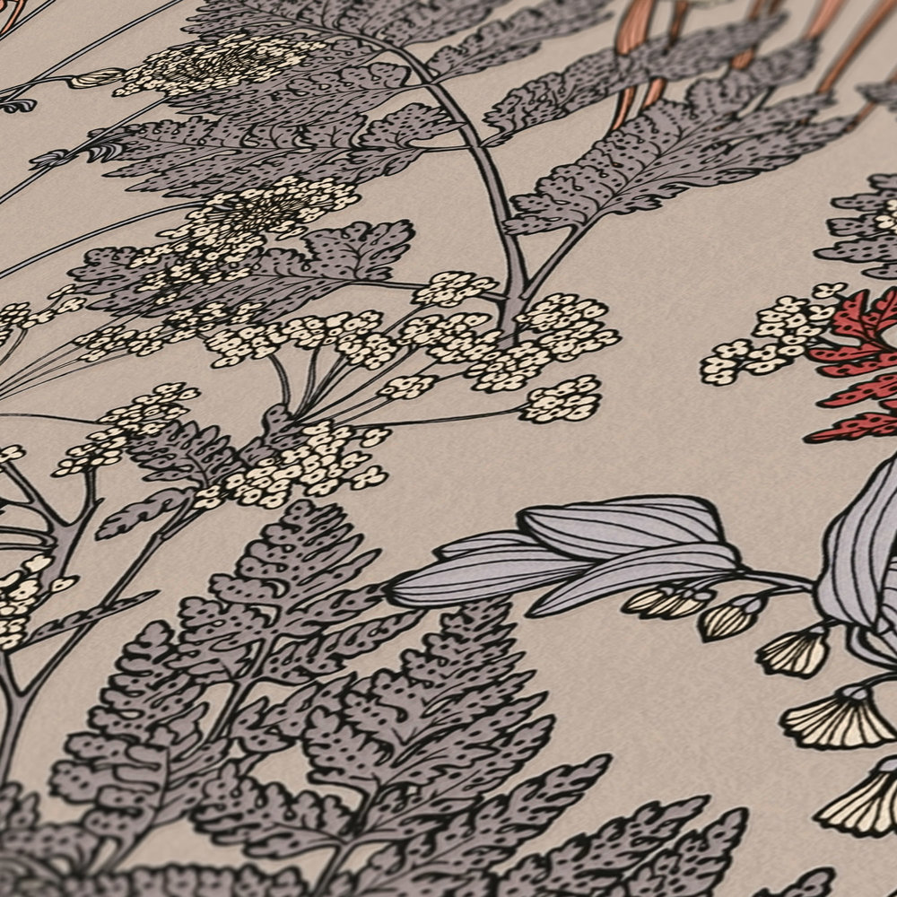             Beige Blumentapete mit Blätter & Blüten Zeichnung – Beige, Grau, Rot
        