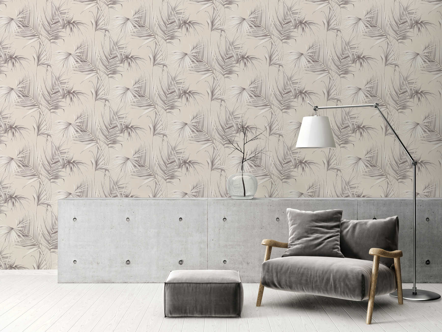            Palmblätter Tapete mit Struktureffekt – Beige, Grau
        